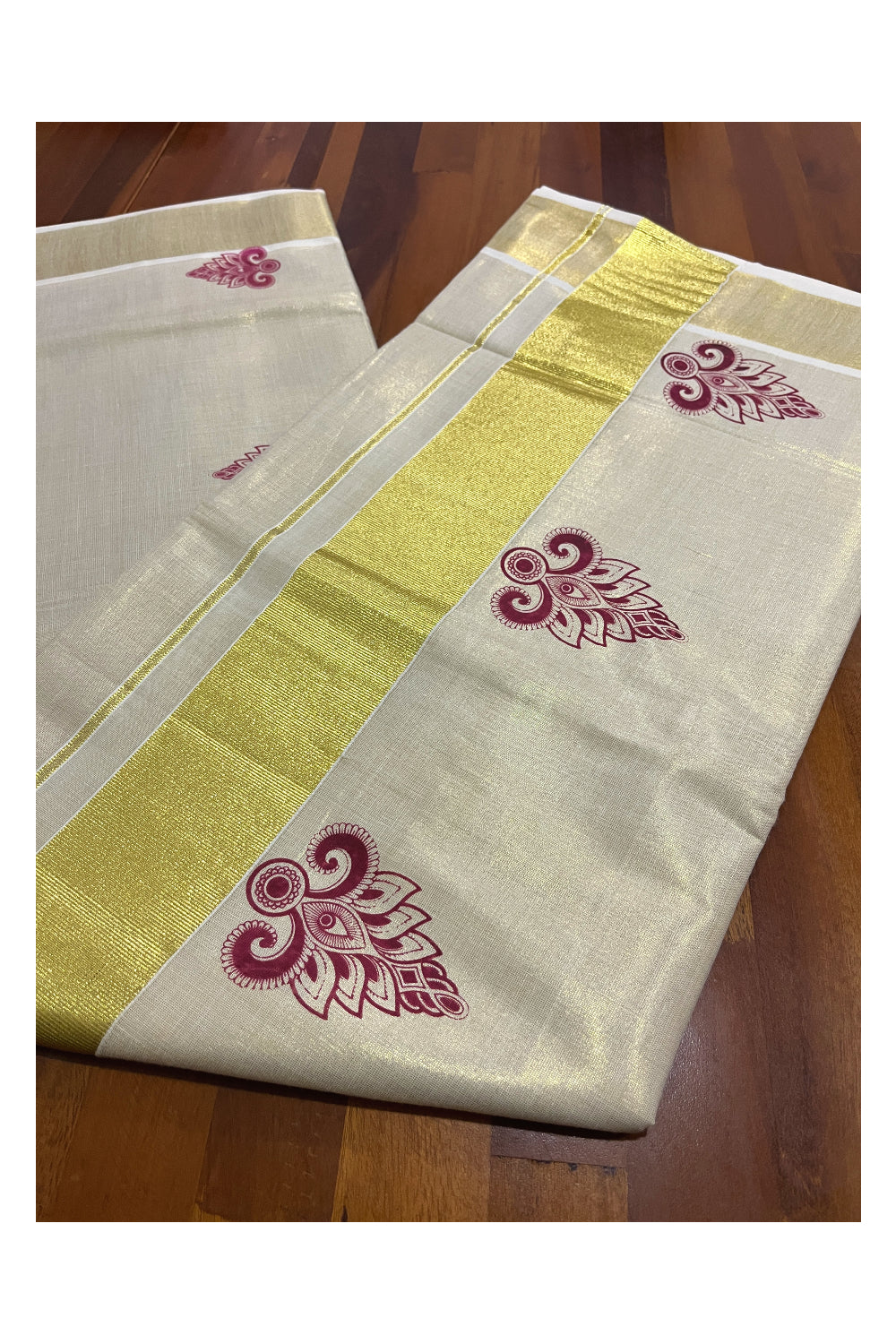 Kerala Tissue Kasavu Saree with Maroon Block Printed Design