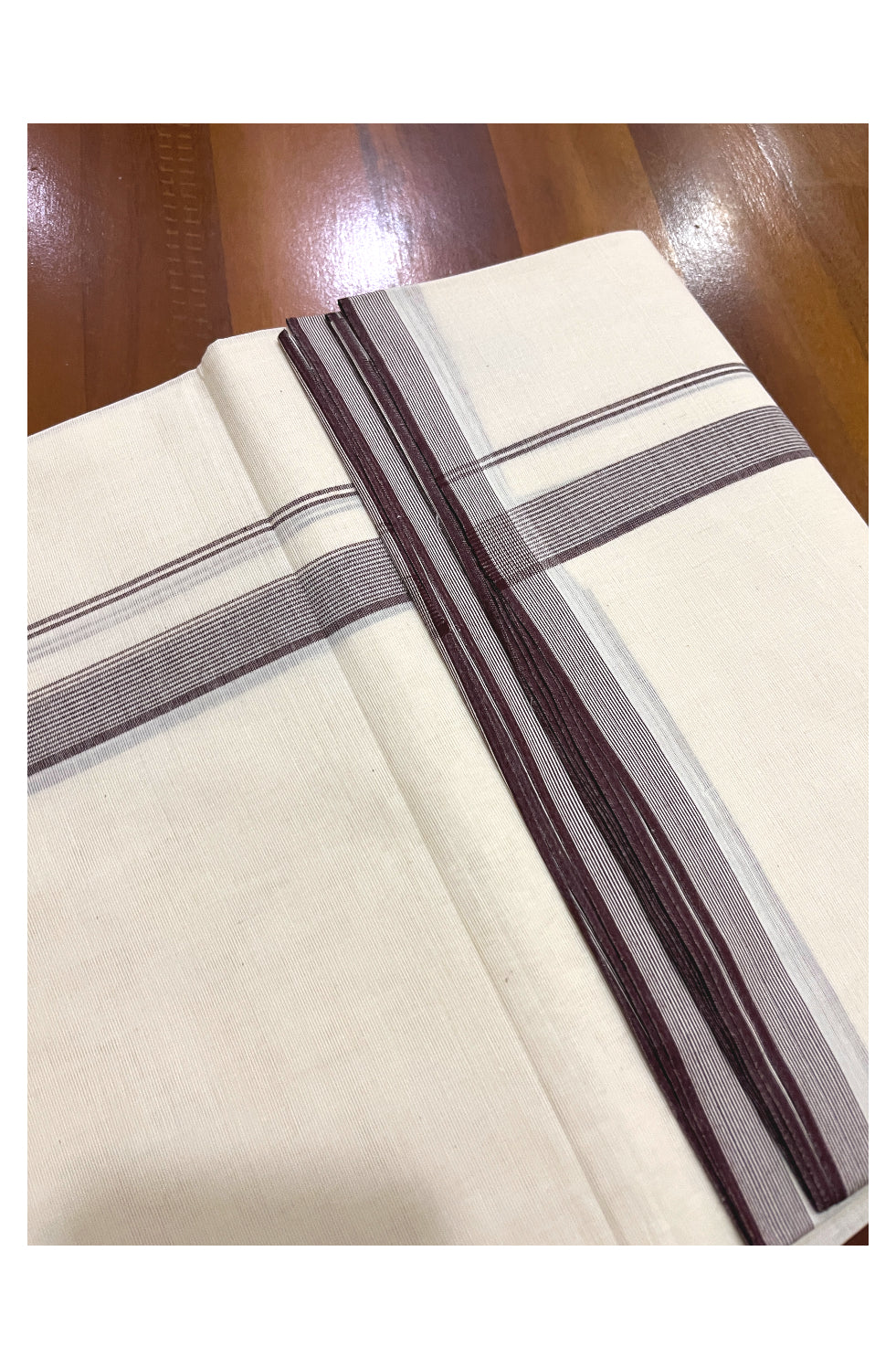 Pure Cotton Off White 100x100 Double Mundu with Brown Border (South Indian Dhoti)