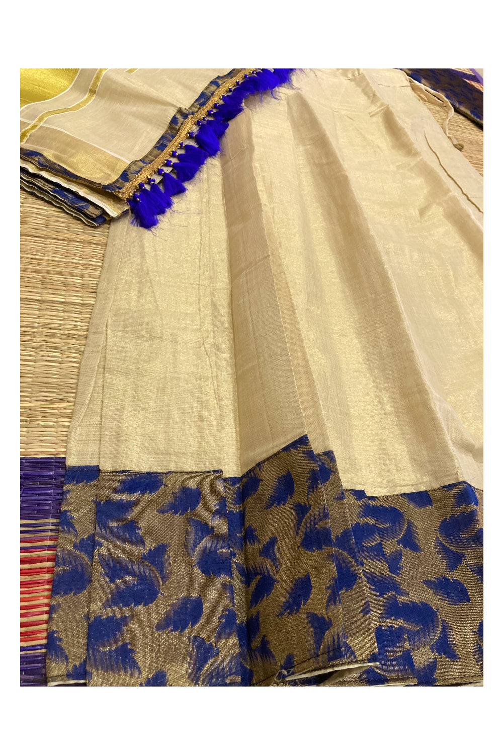 Semi Stitched Dhavani Set with Tissue Pavada and Blue Designer Blouse Piece