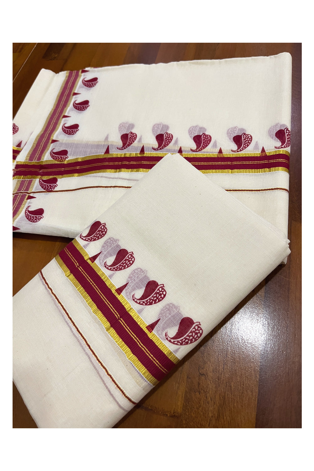 Kerala Cotton Single Kasavu Set Mundu (Mundum Neriyathum) with Red Block Prints on Border