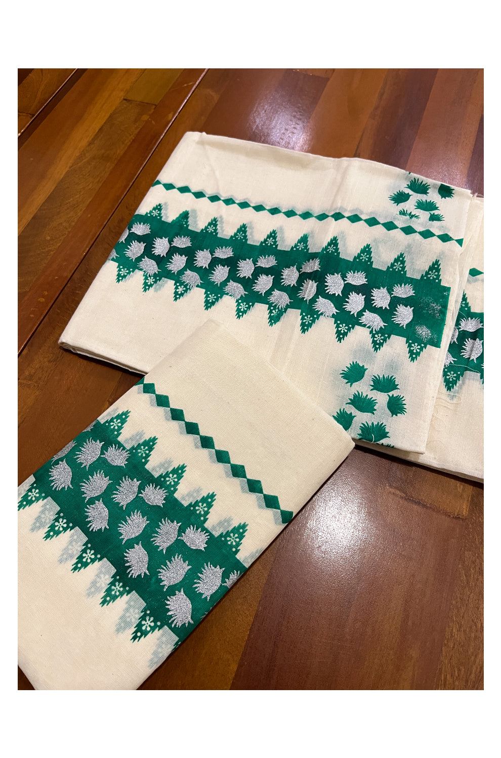 Kerala Cotton Single Set Mundu (Mundum Neriyathum) with Green Block Prints on Border