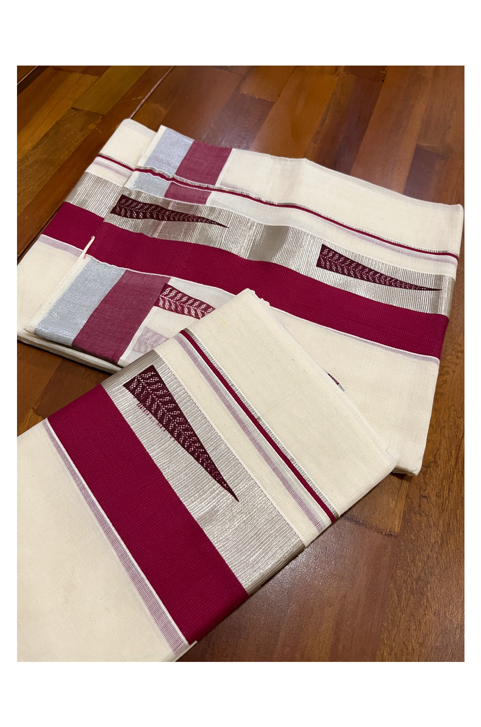 Pure Cotton SIlver Kasavu Single Set Mundu (Mundum Neriyathum Onam 2023) with Maroon Block Prints 2.80 Mtrs