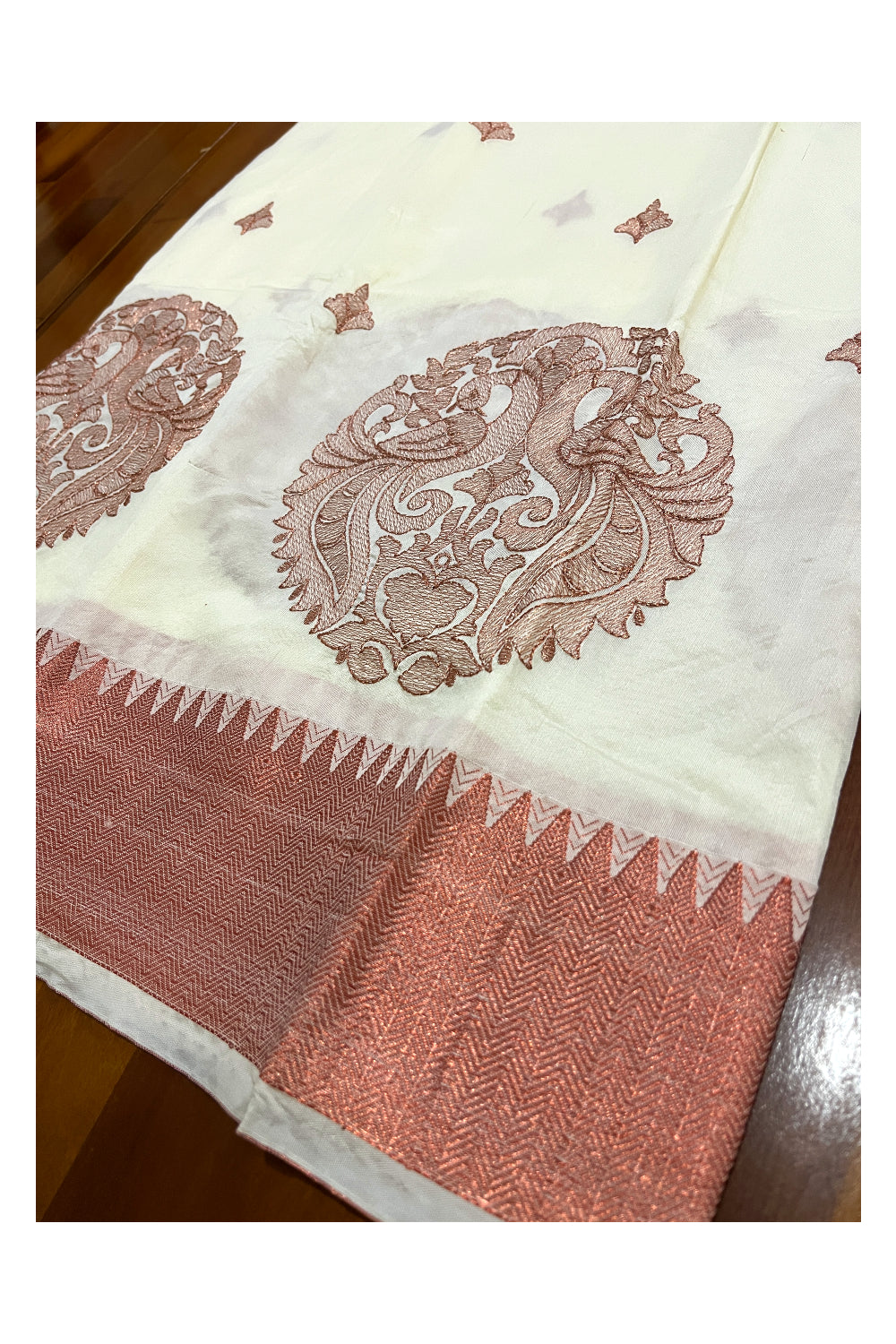 Kerala Cotton Copper Kasavu Thread Work Pavada and Copper Blouse Material for Kids/Girls 4.3 Meters