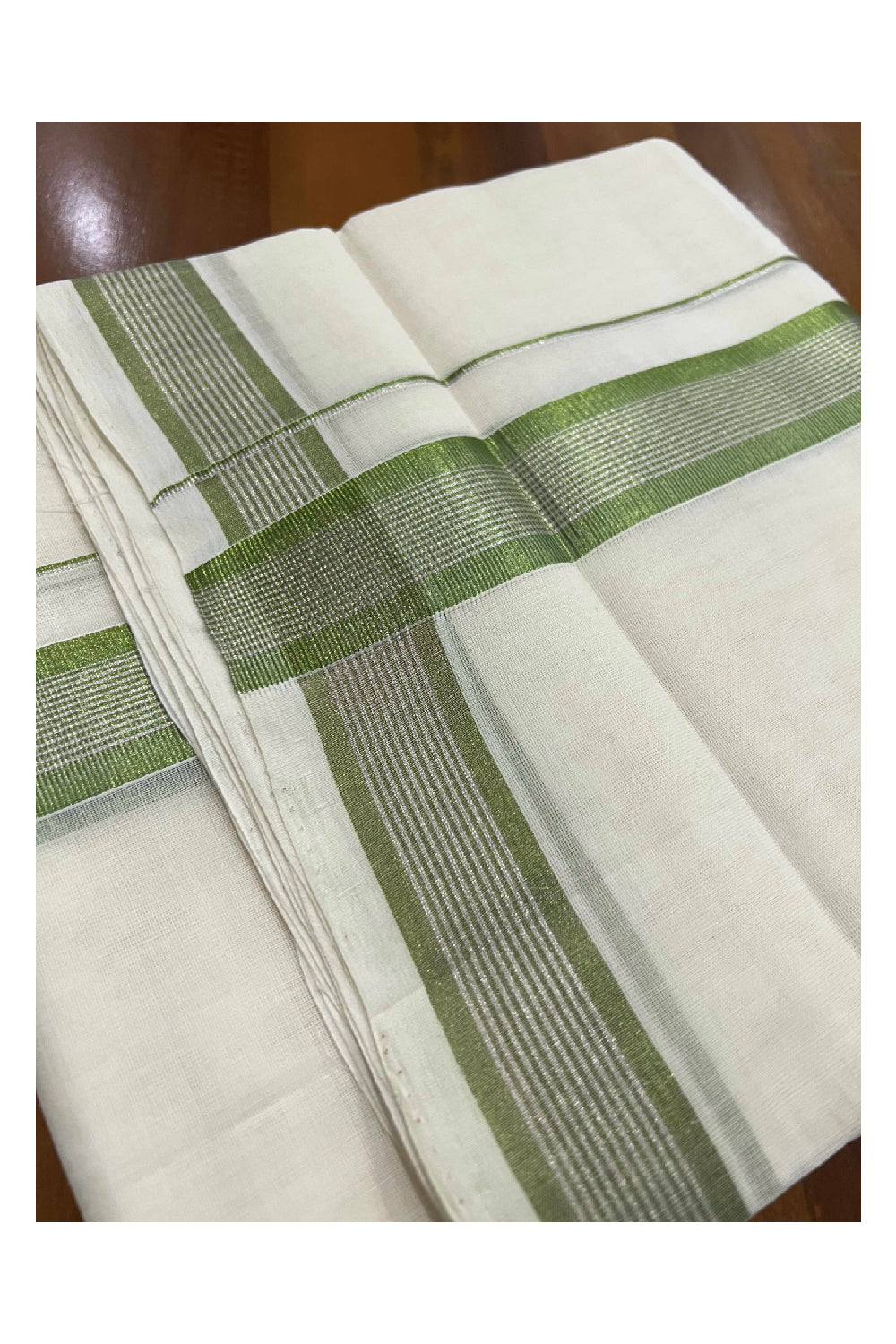 Southloom Kuthampully Pure Cotton Handloom Mundu with Silver and Green Kasavu Lines Border