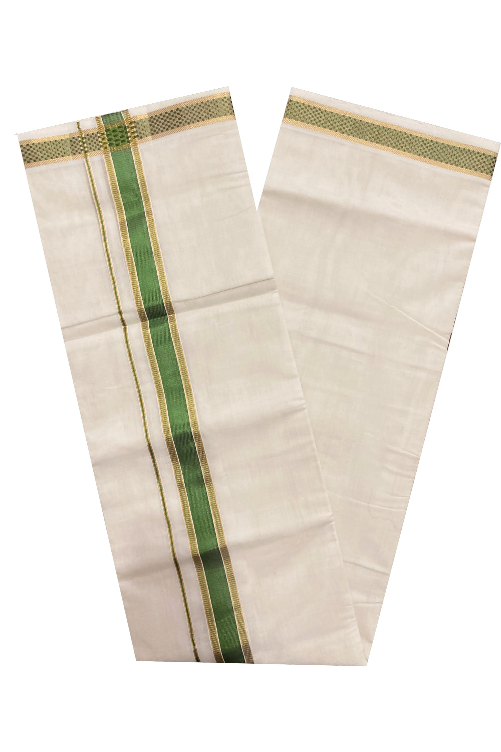 Southloom Premium Handloom Pure Cotton Mundu with Golden and Green Kasavu Design Border (South Indian Dhoti)