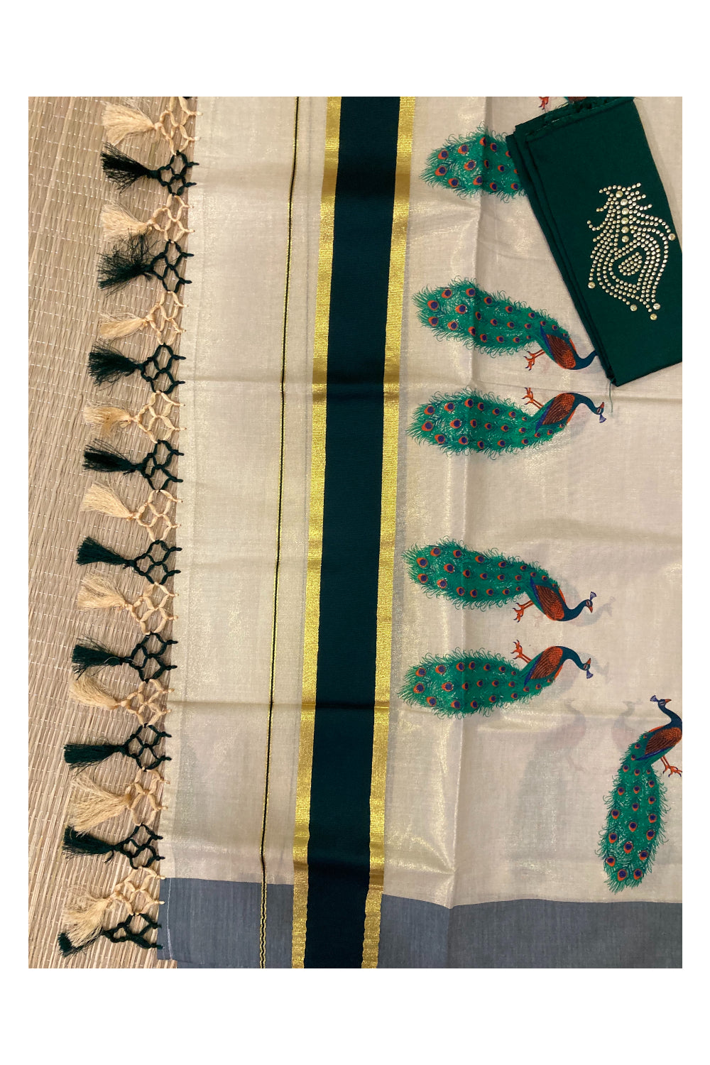 Kerala Tissue Stitched Dhavani Set with Blouse Piece and Neriyathu in with Dark Green Mural Work