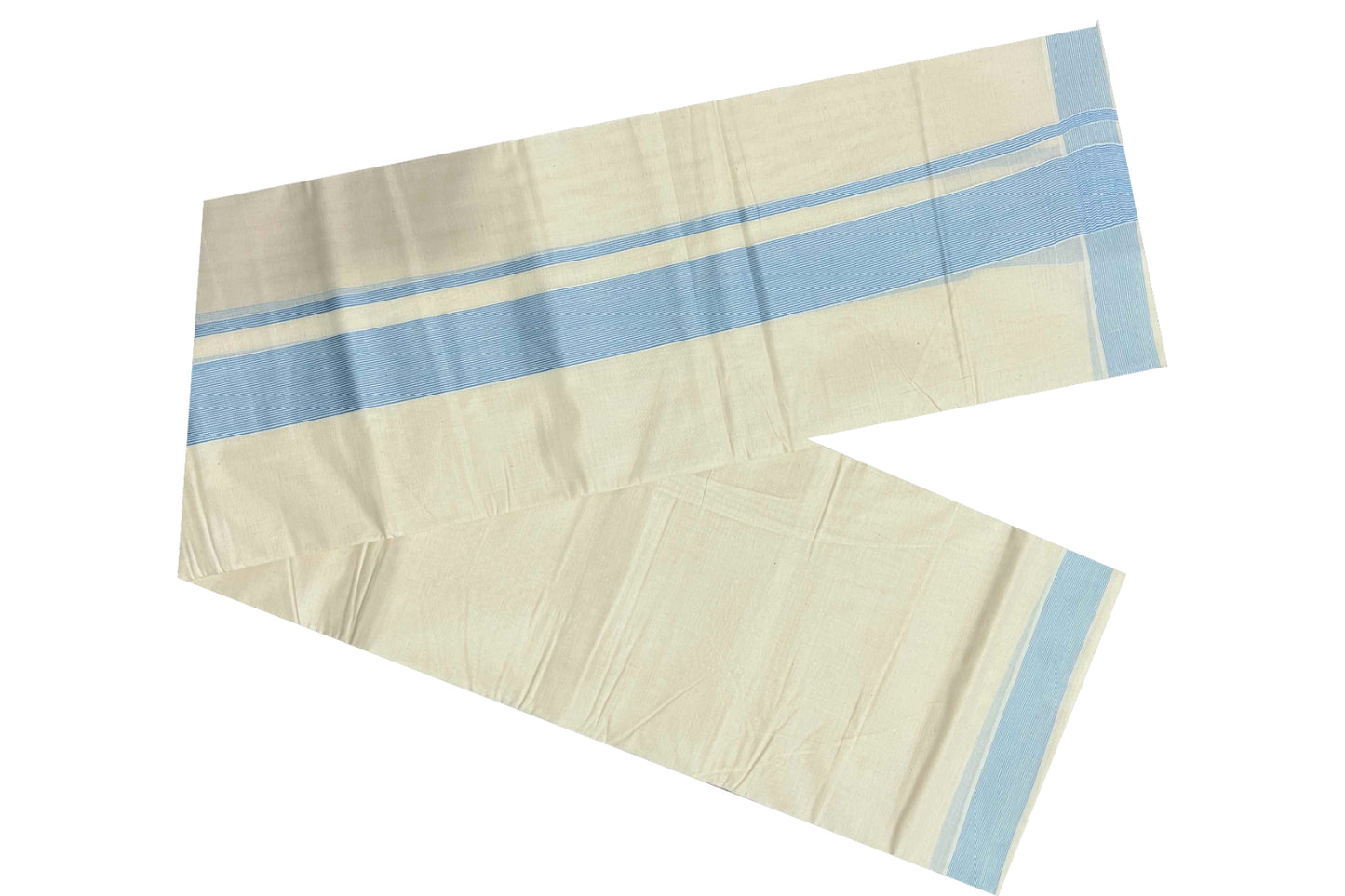 Off White Kerala Double Mundu with 2 inch Light Blue Line Border (South Indian Dhoti)