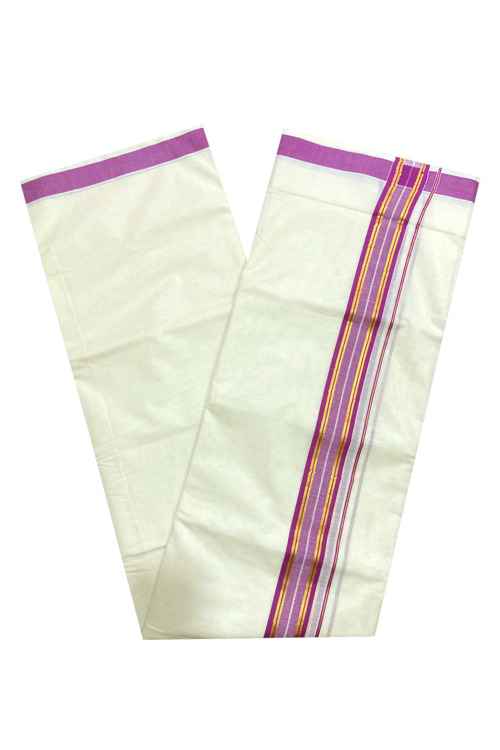 Pure Cotton Off White Double Mundu with Magenta and Kasavu Border (South Indian Kerala Dhoti)