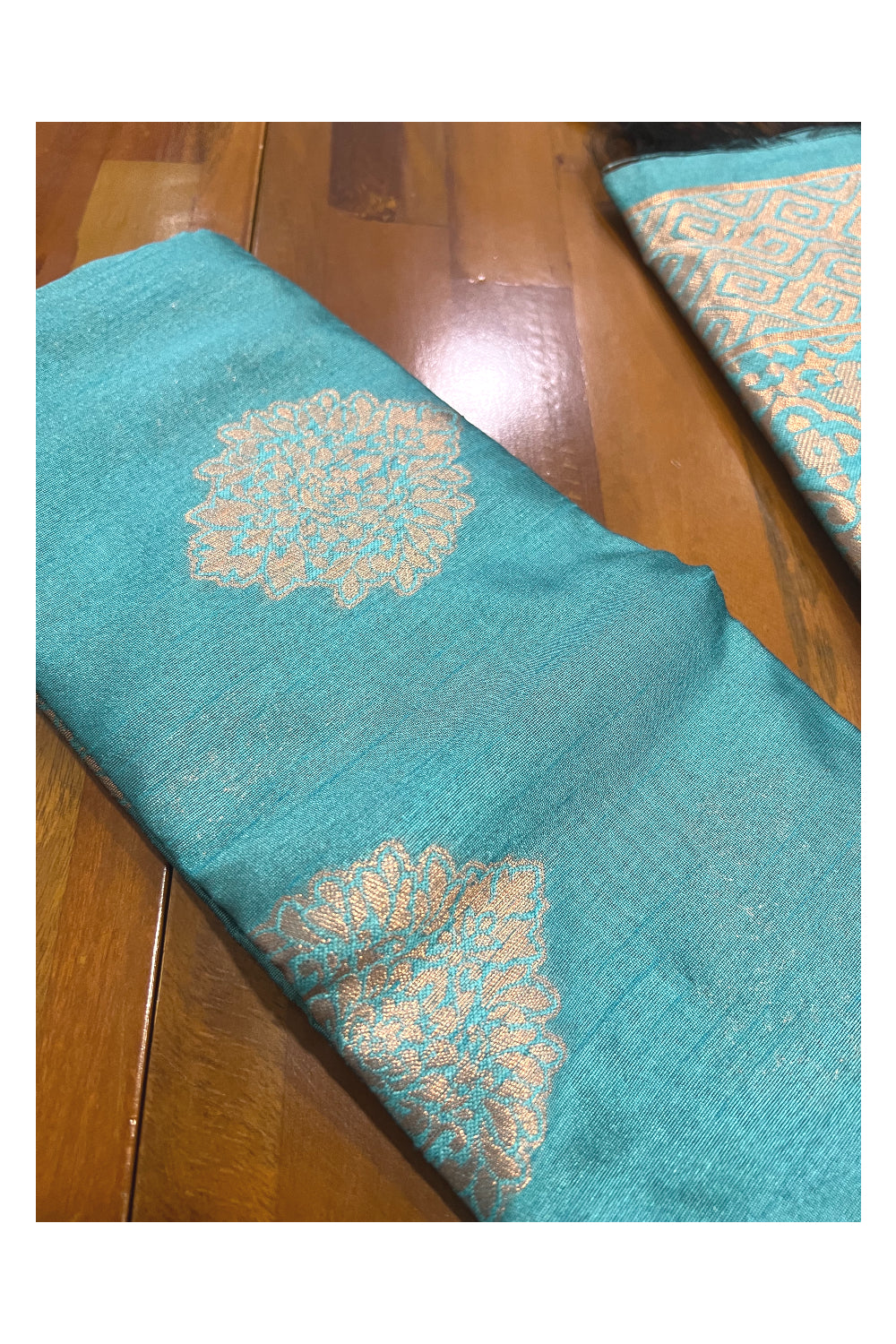 Southloom Turquoise Semi Silk Designer Saree with Copper Kasavu Woven Works on Body