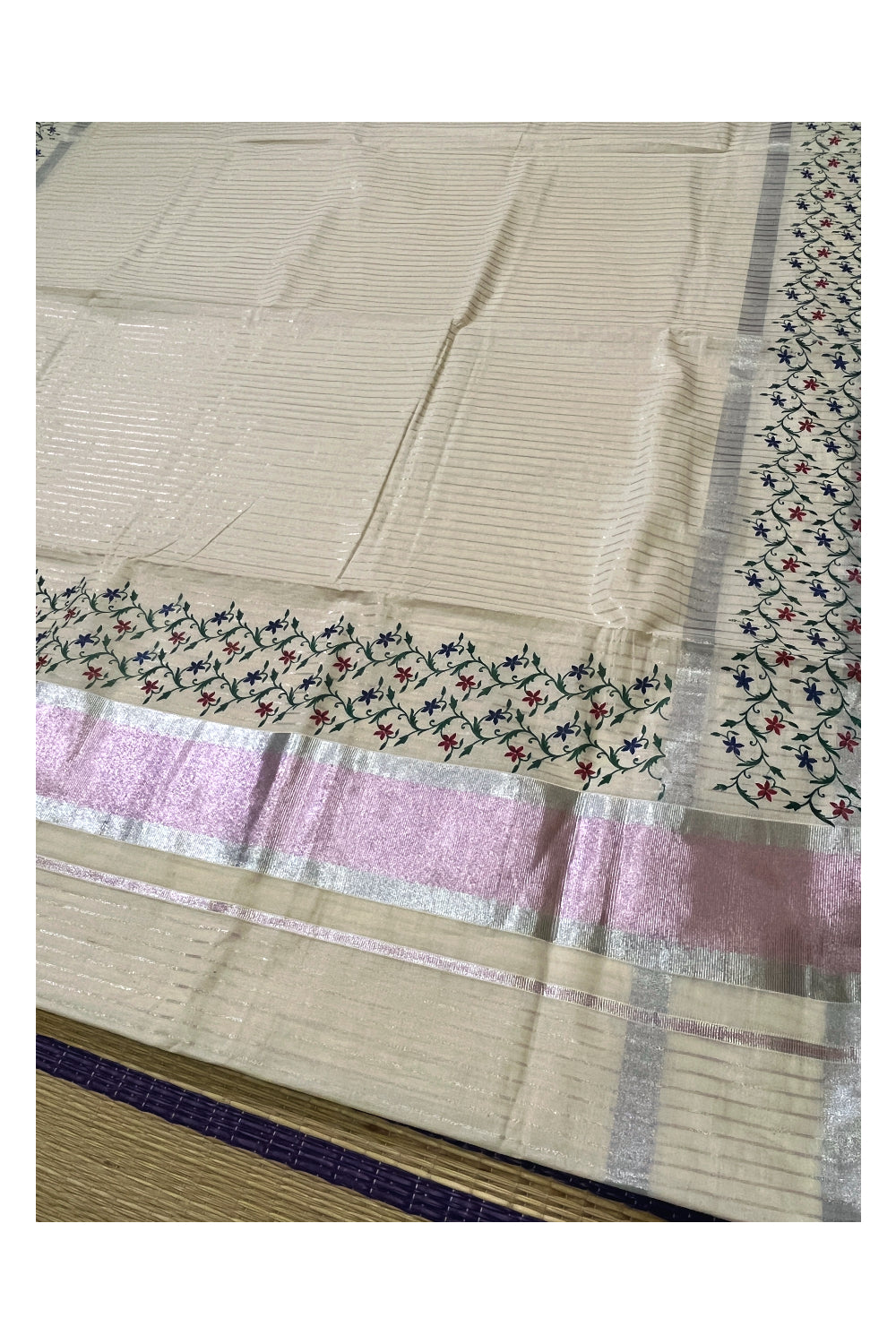 Pure Cotton Kerala Saree with Silver and Pink Kasavu Lines Across Body and Block Prints (Vishu Saree 2023)