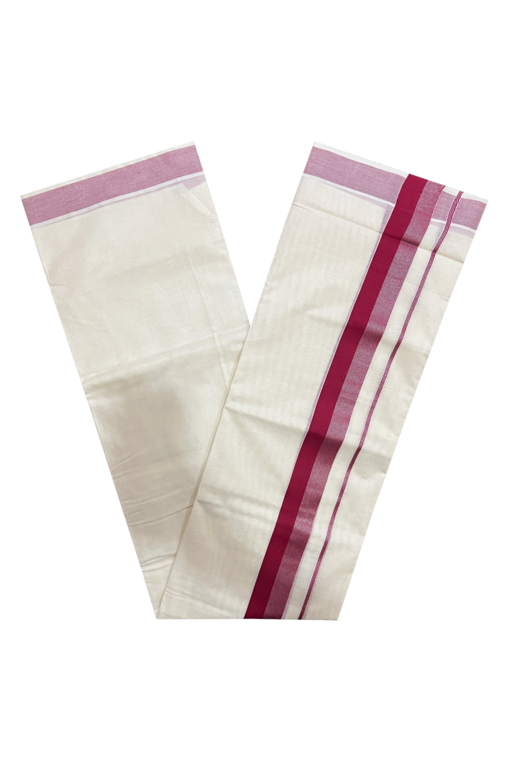 Pure Cotton Off White Double Mundu with Red and Silver Line Kara (South Indian Kerala Dhoti)