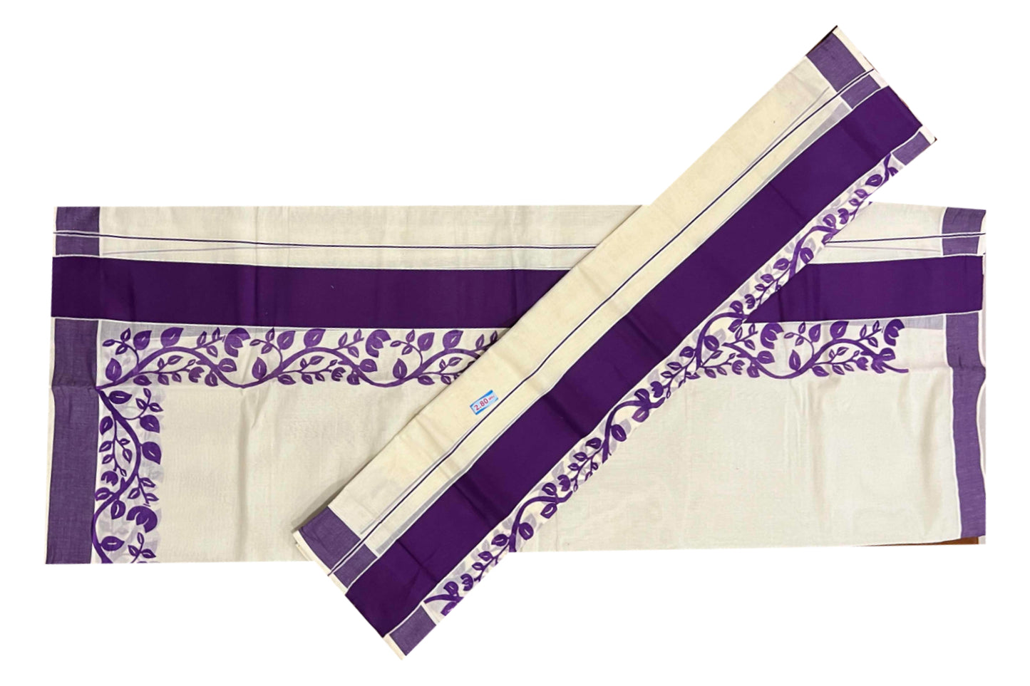 Southloom Original Design Single Set Mundu with Dark Violet Floral Vines Block Print (Mundum Neriyathum) 2.80 Mtrs