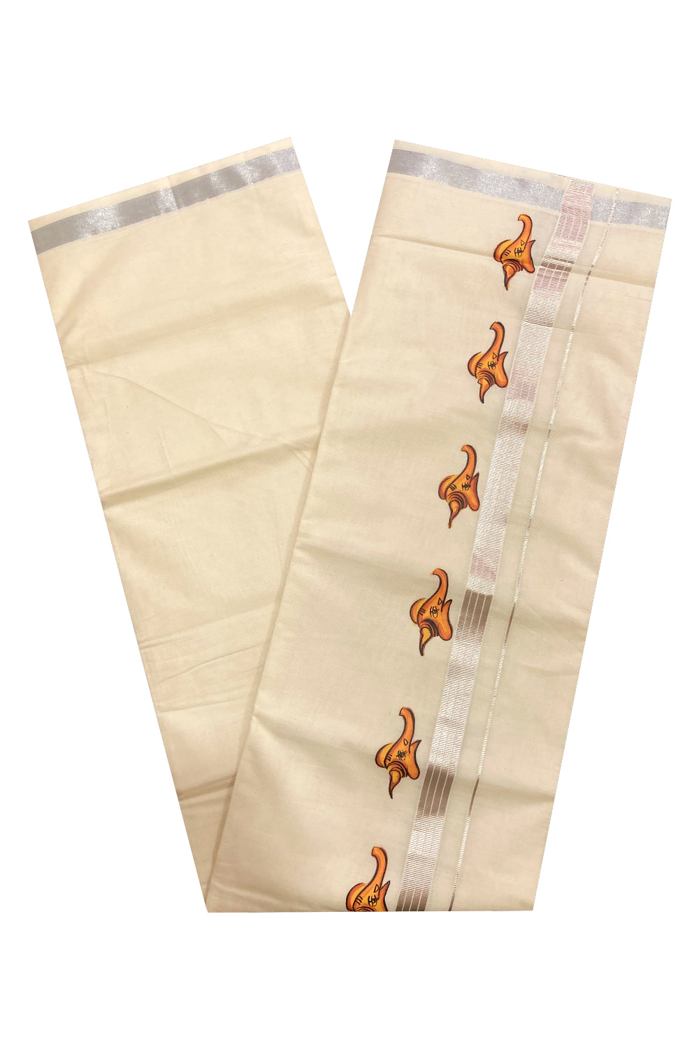 Off White Pure Cotton Double Mundu with Mural Prints on Silver Kasavu Kara (South Indian Dhoti)