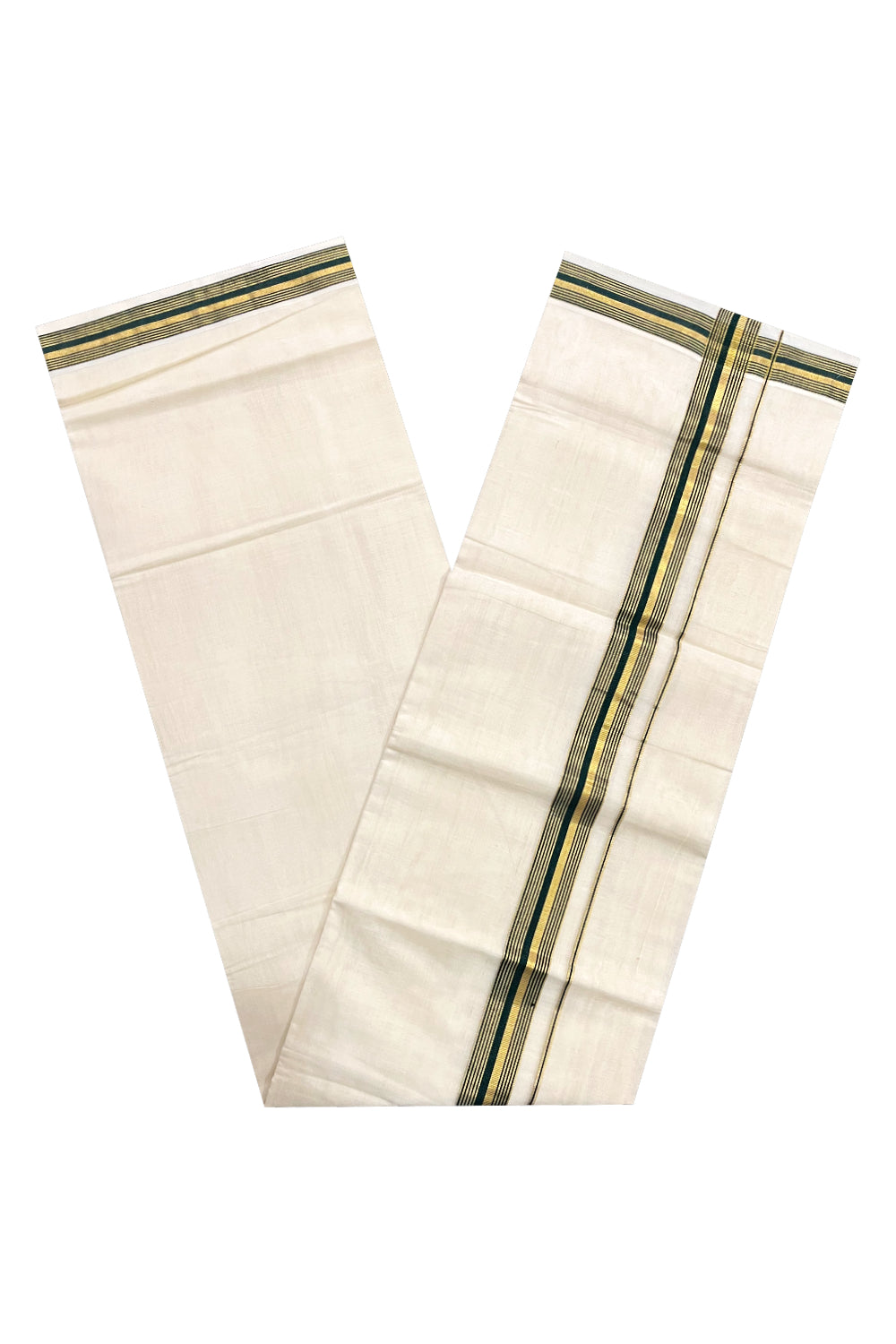 Southloom Premium Handloom Pure Cotton Mundu with Green and Kasavu Border (South Indian Dhoti)