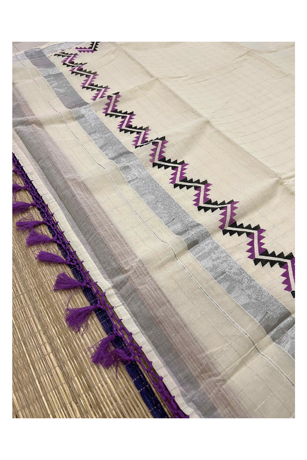 Kerala Silver Kasavu Woven Check Saree with Magenta and Black Block Printed Border