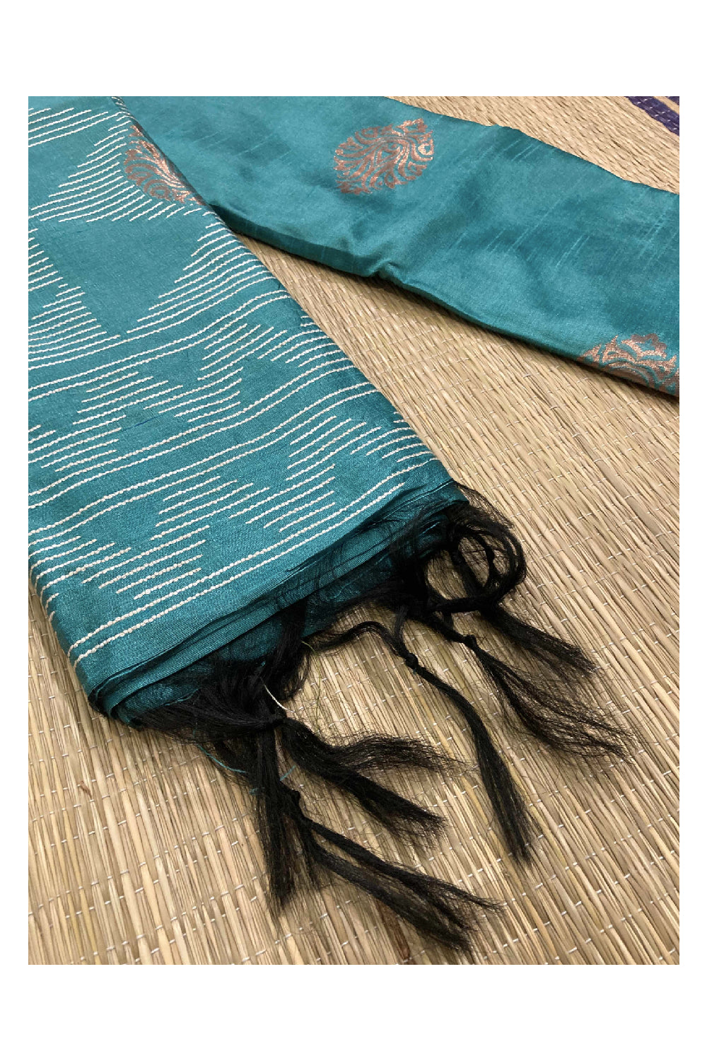 Southloom Turquoise Semi Tussar Thread Work Designer Saree with Tassels