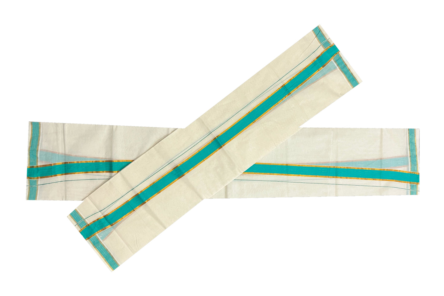 Kerala Cotton Mundum Neriyathum Single (Set Mundu) with Green and Kasavu Border