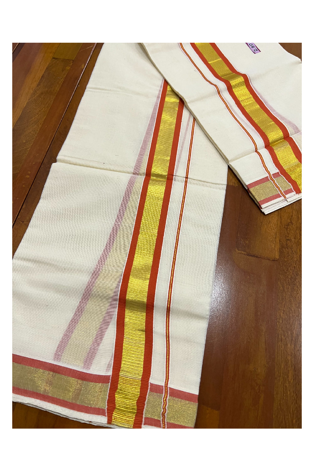 Kerala Cotton Mundum Neriyathum Single (Set Mundu) with Orange and Kasavu Border 2.80 Mtrs