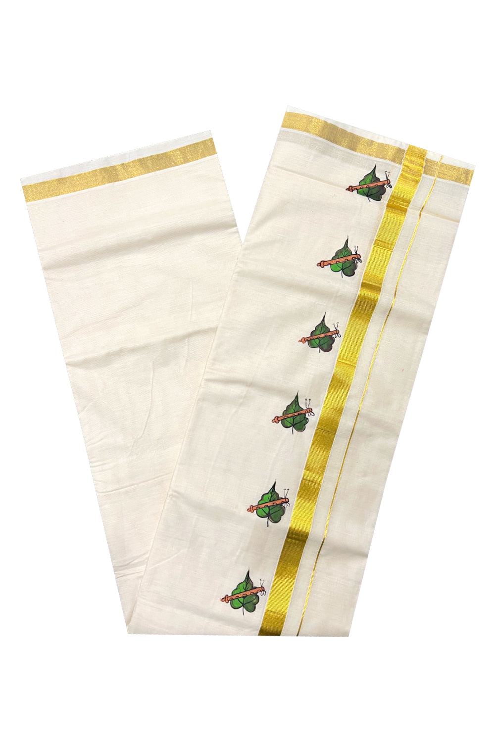 Pure Cotton Kasavu Mundu with Mural Hand Painted Leaf and Flute Design (South Indian Dhoti)