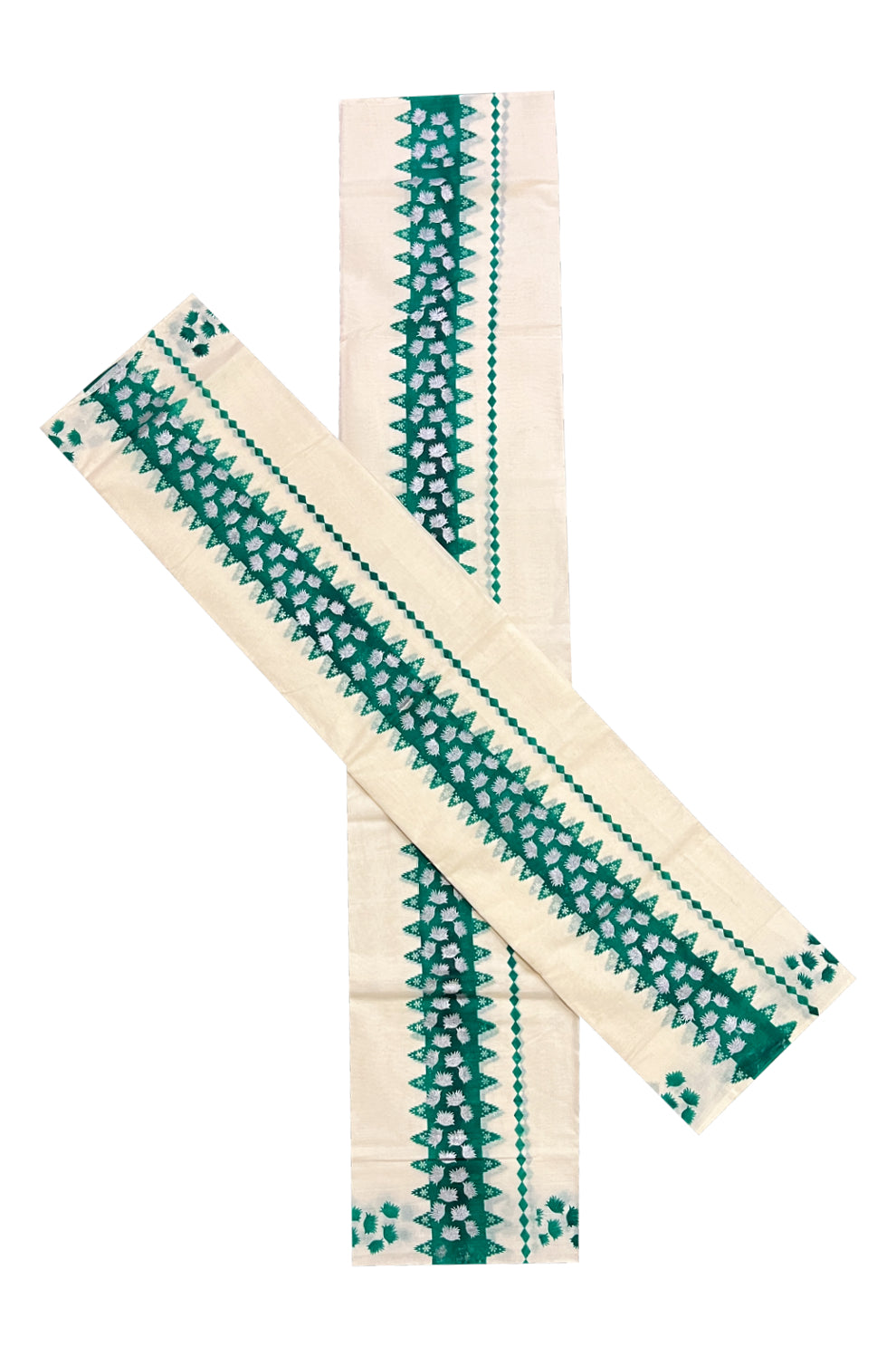 Kerala Cotton Single Set Mundu (Mundum Neriyathum) with Green Block Prints on Border