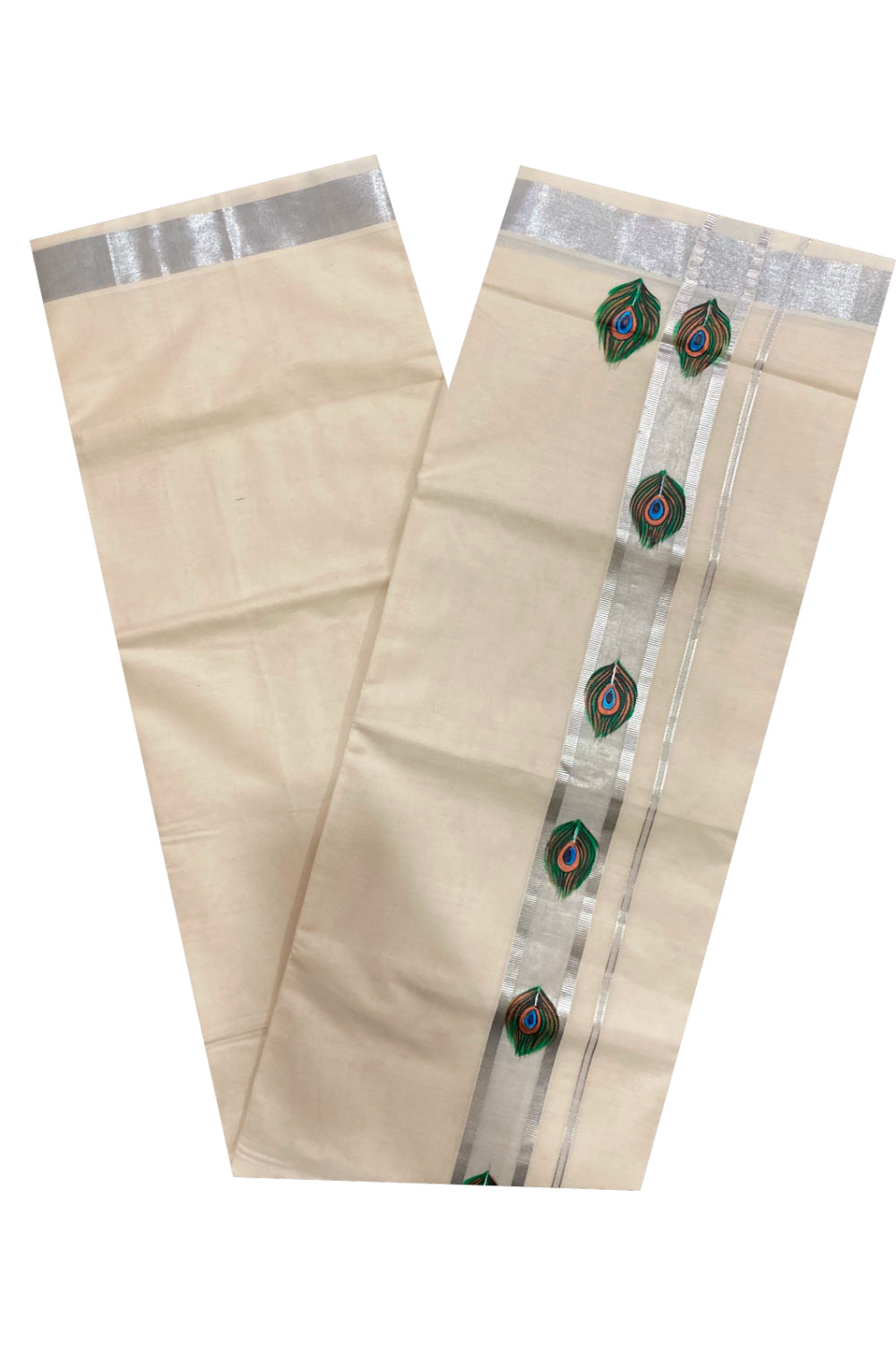 Pure Cotton Silver Kasavu Mundu with Mural Hand Painted Feather Design (South Indian Dhoti)