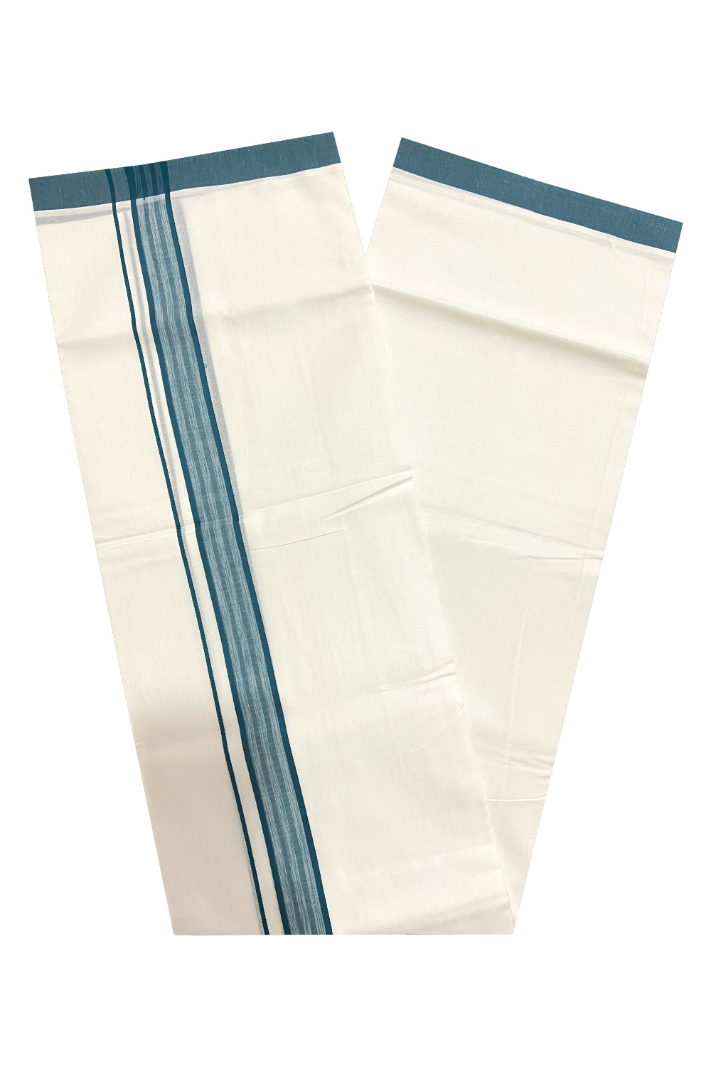 Pure White Cotton Double Mundu with Dark Green Border (South Indian Dhoti)