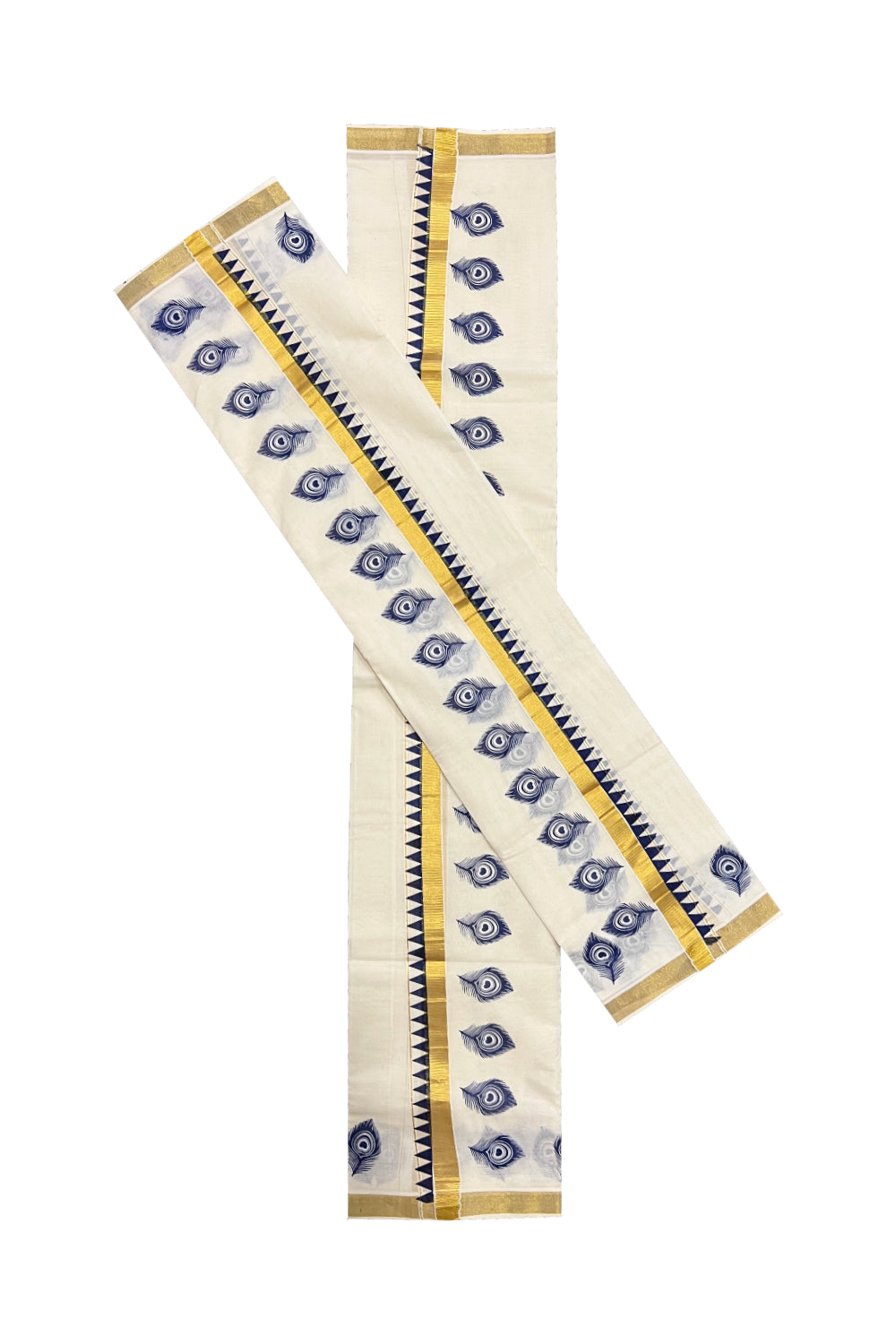 Cotton Kasavu Set Mundu (Mundum Neriyathum) with Dark Blue Block Feather Temple Prints on Border