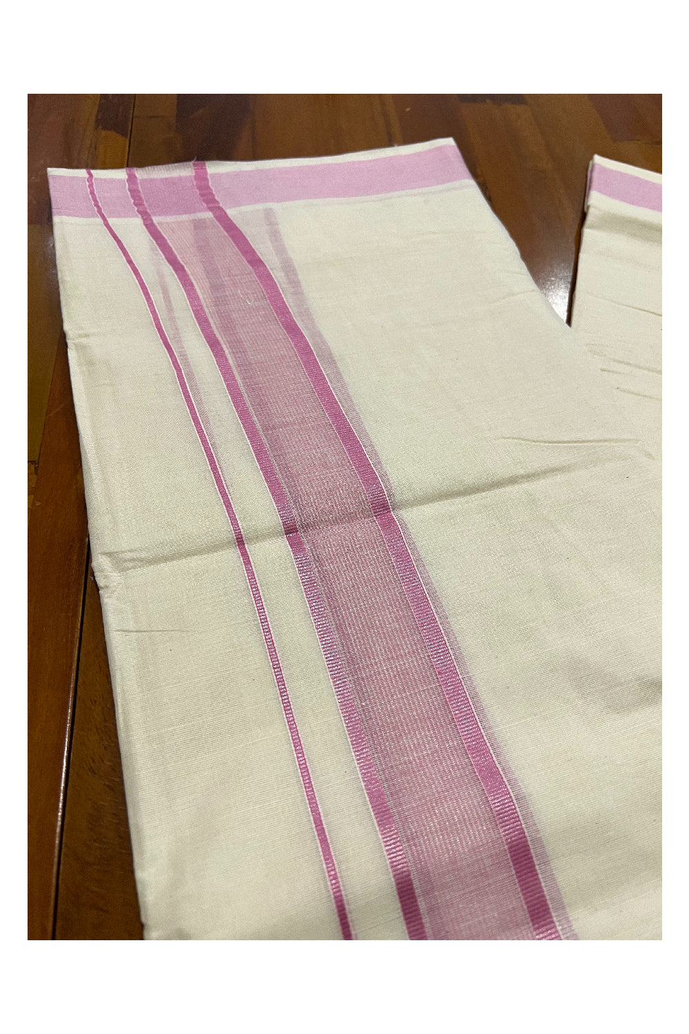 Pure Cotton Off White Double Mundu with Pink and Silver Kasavu Border (South Indian Dhoti)