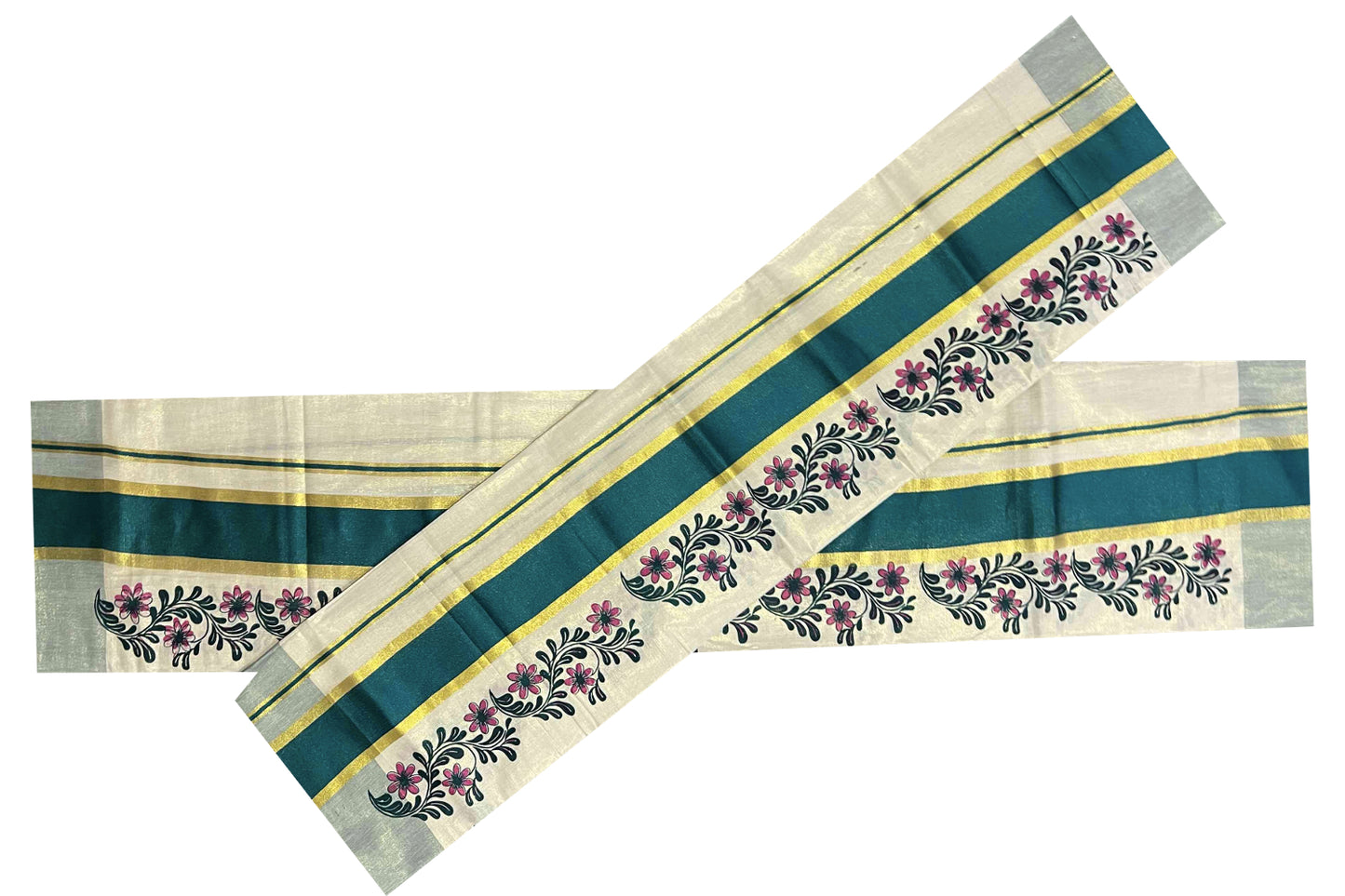 Kerala Tissue Kasavu Set Mundu (Mundum Neriyathum) with Green Block Printed Pallu