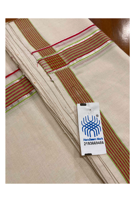 Southloom Handloom Premium Double Dhoti with Red Green and Silver Kasavu Border