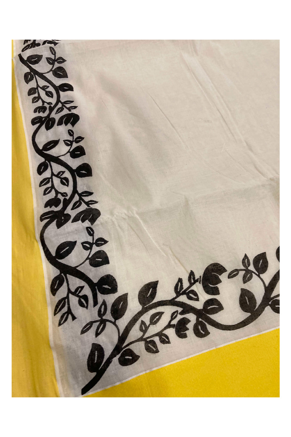 Southloom Original Design Kerala Saree with Black Floral Vines Block Print on Yellow Border