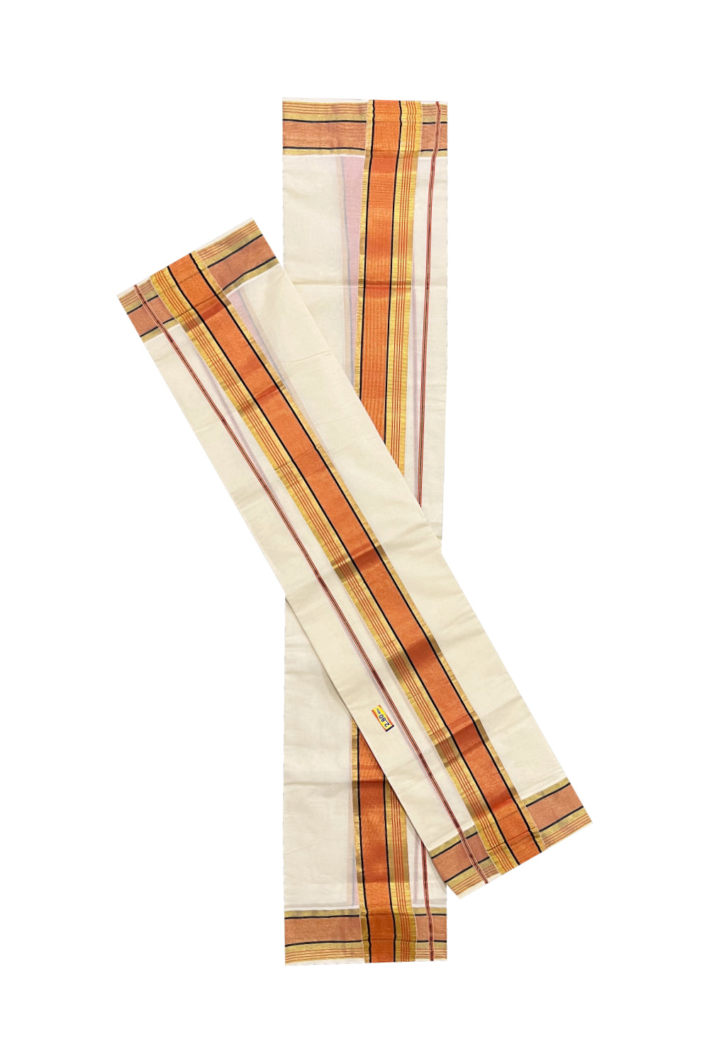 Kerala Cotton Kasavu Set Mundu (Mundum Neriyathum) with Orange and Kasavu Border 2.80 Mtrs