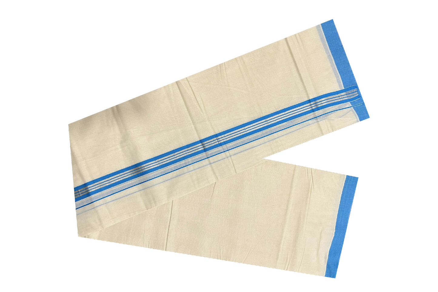 Off White Pure Cotton Double Mundu with SIlver Kasavu and Light Blue Kara (South Indian Dhoti)