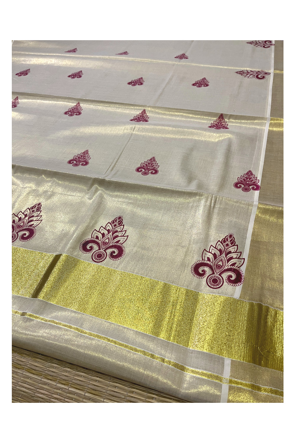 Kerala Tissue Kasavu Saree with Maroon Block Printed Design