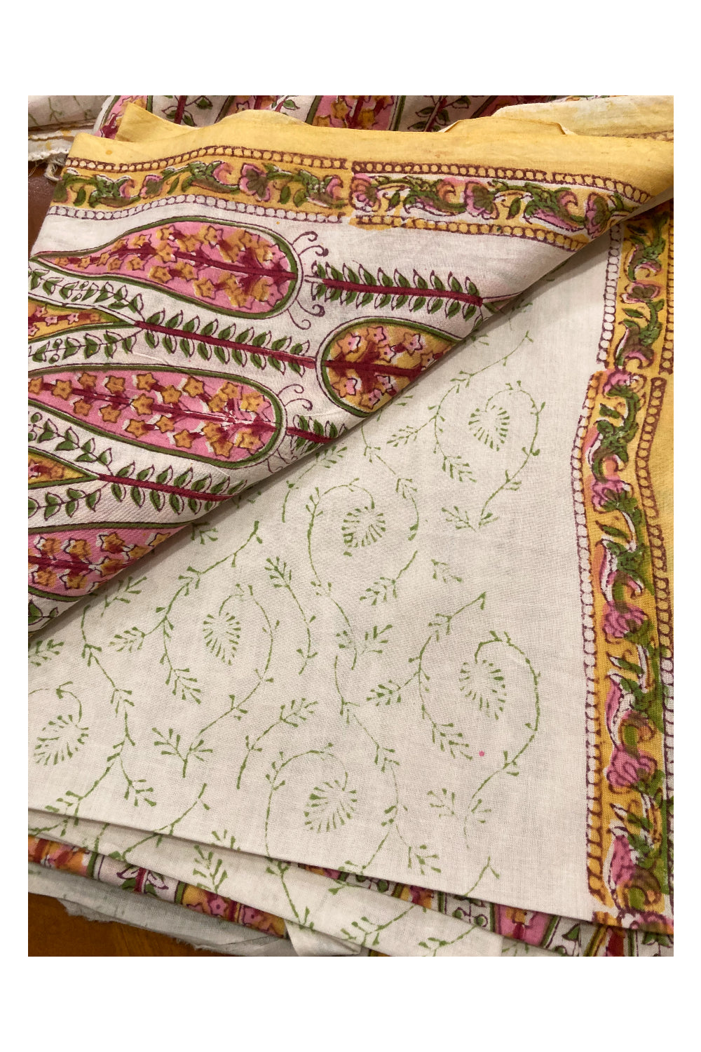 Southloom Green and Yellow Floral Hand Block Printed Soft Cotton Jaipur Salwar Suit Material