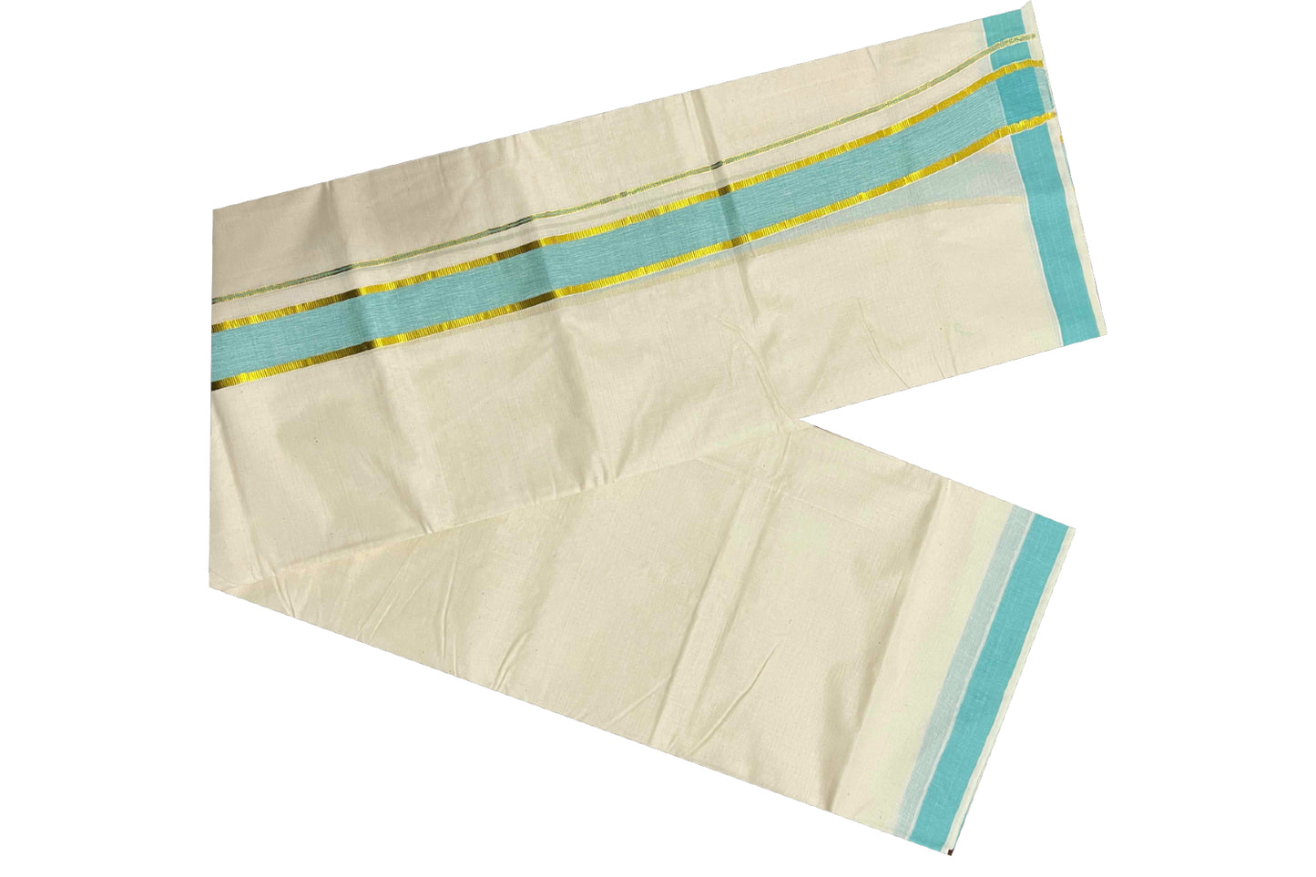 Off White Kerala Double Mundu with Kasavu and Turquoise Border (South Indian Dhoti)