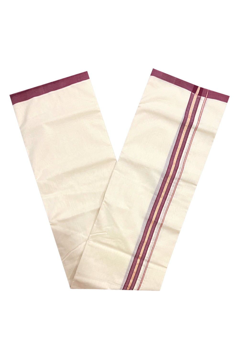 Southloom Premium Handloom Double Mundu with Maroon and Silver Kasavu Border