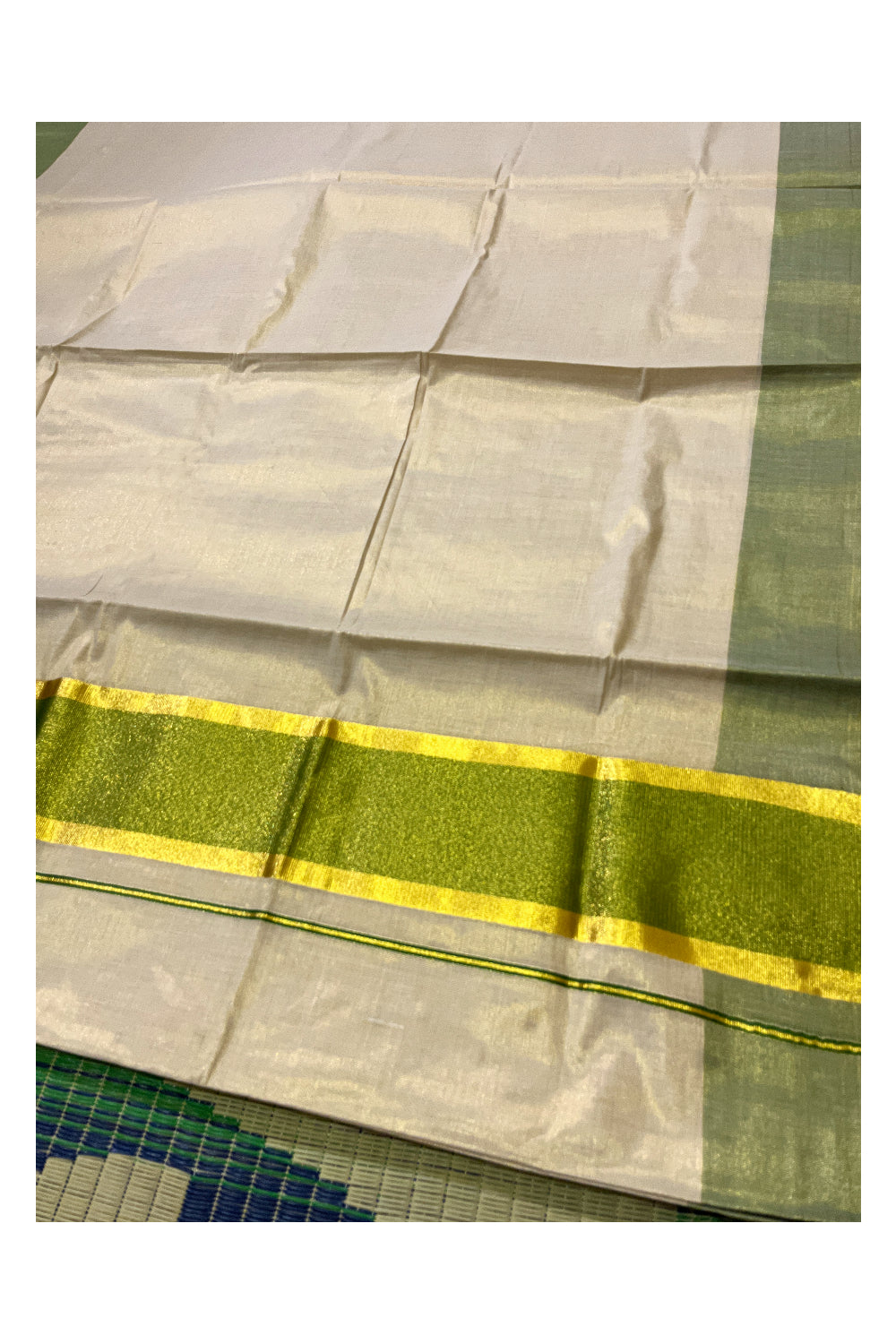 Kerala Tissue Kasavu Plain Saree with Green and Kasavu Border