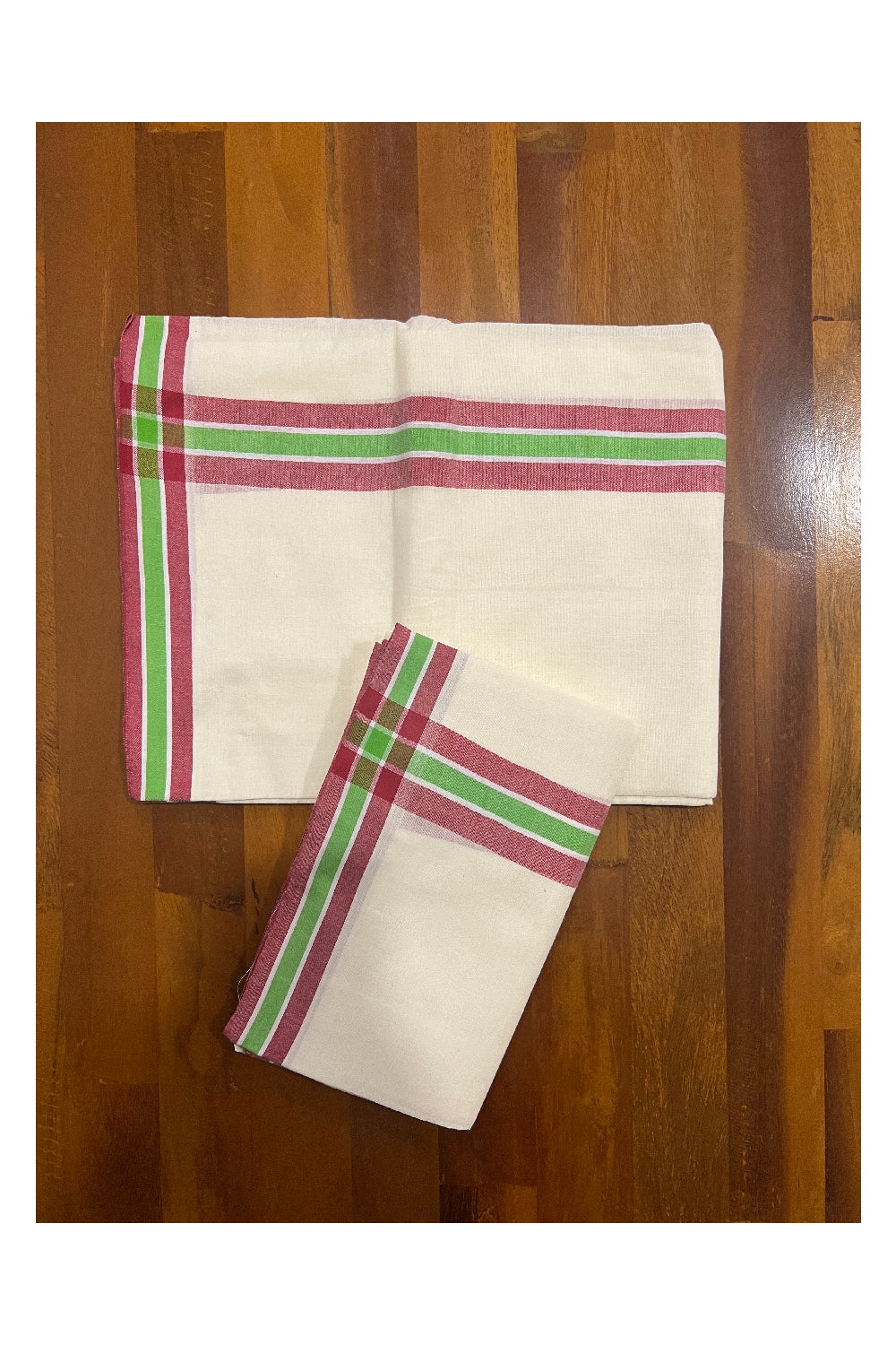 Kerala Cotton Mundum Neriyathum Single (Set Mundu) with Red and Light Green Mulloth Border (Extra Soft Cotton)