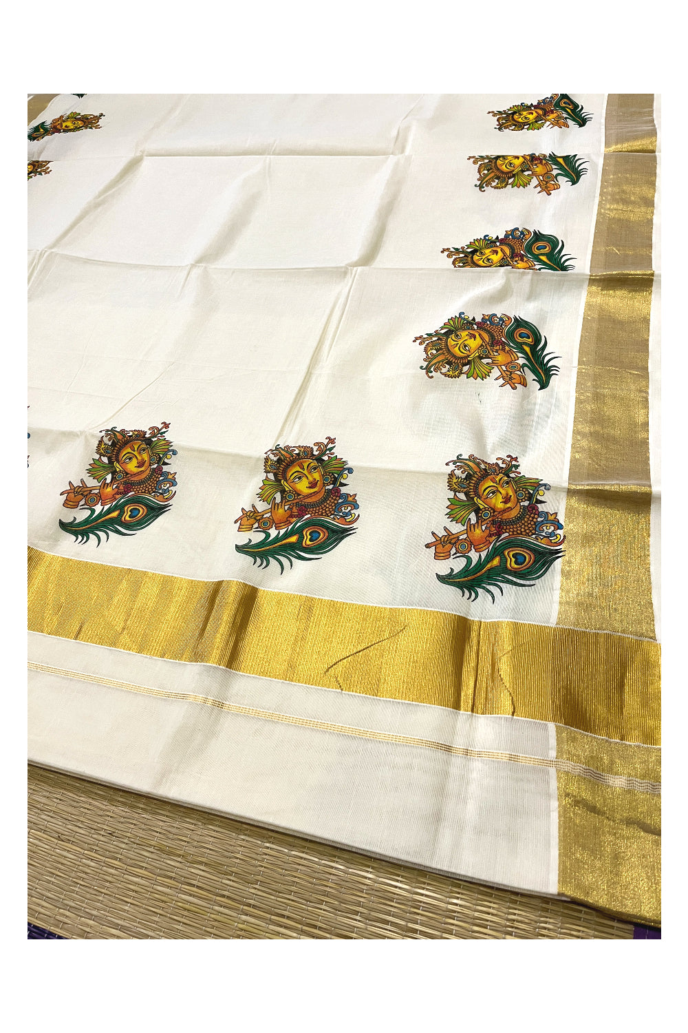 Pure Cotton Kerala Kasavu Saree with Mural Printed Krishna Design