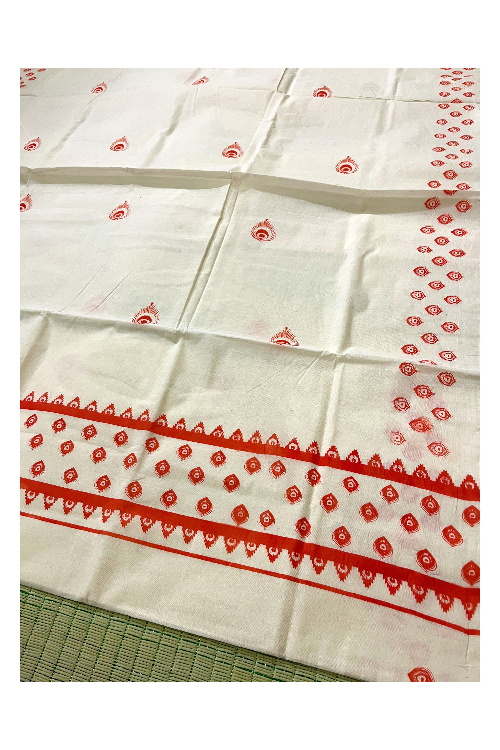 Pure Cotton Off White Kerala Saree with Orange Block Print Border