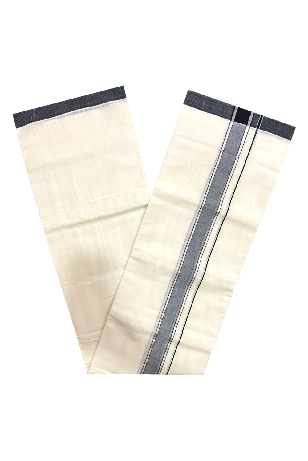 Southloom Premium Handloom Pure Cotton Mundu with Silver Kasavu and Black Border (South Indian Kerala Dhoti)