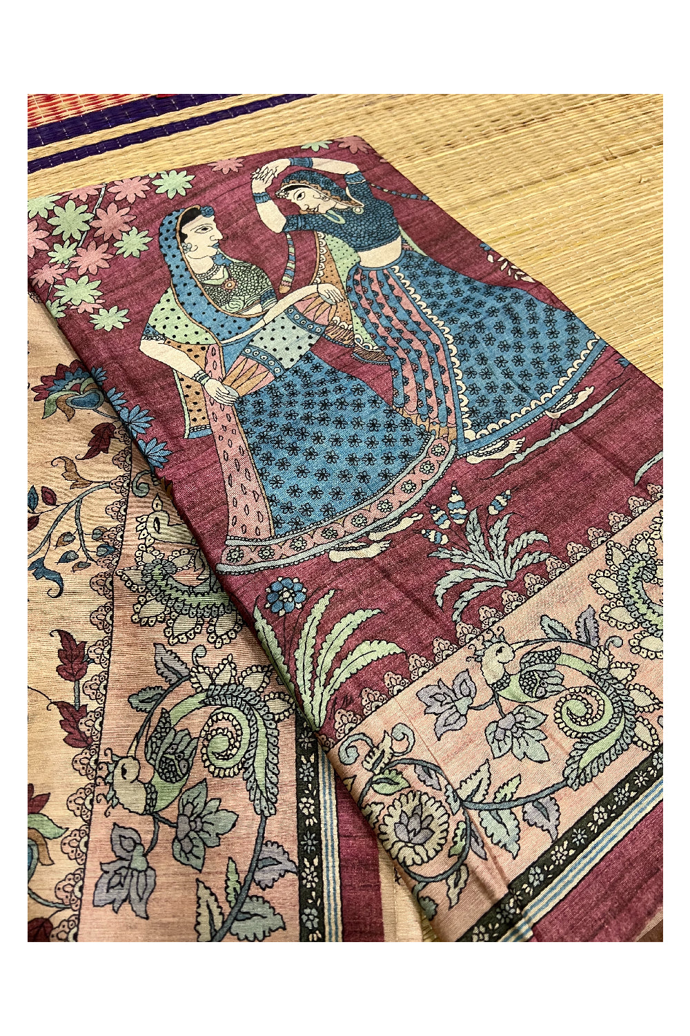 Southloom Tussar Silk Kalamkari Design Vishu Themed Krishna Radha Saree