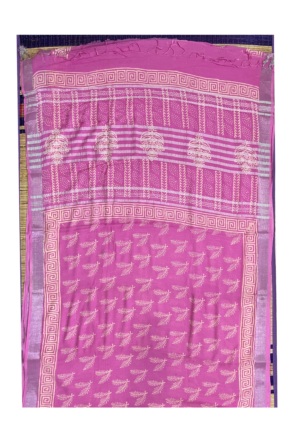 Southloom Linen Designer Pink Saree with White Prints and Tassels Works