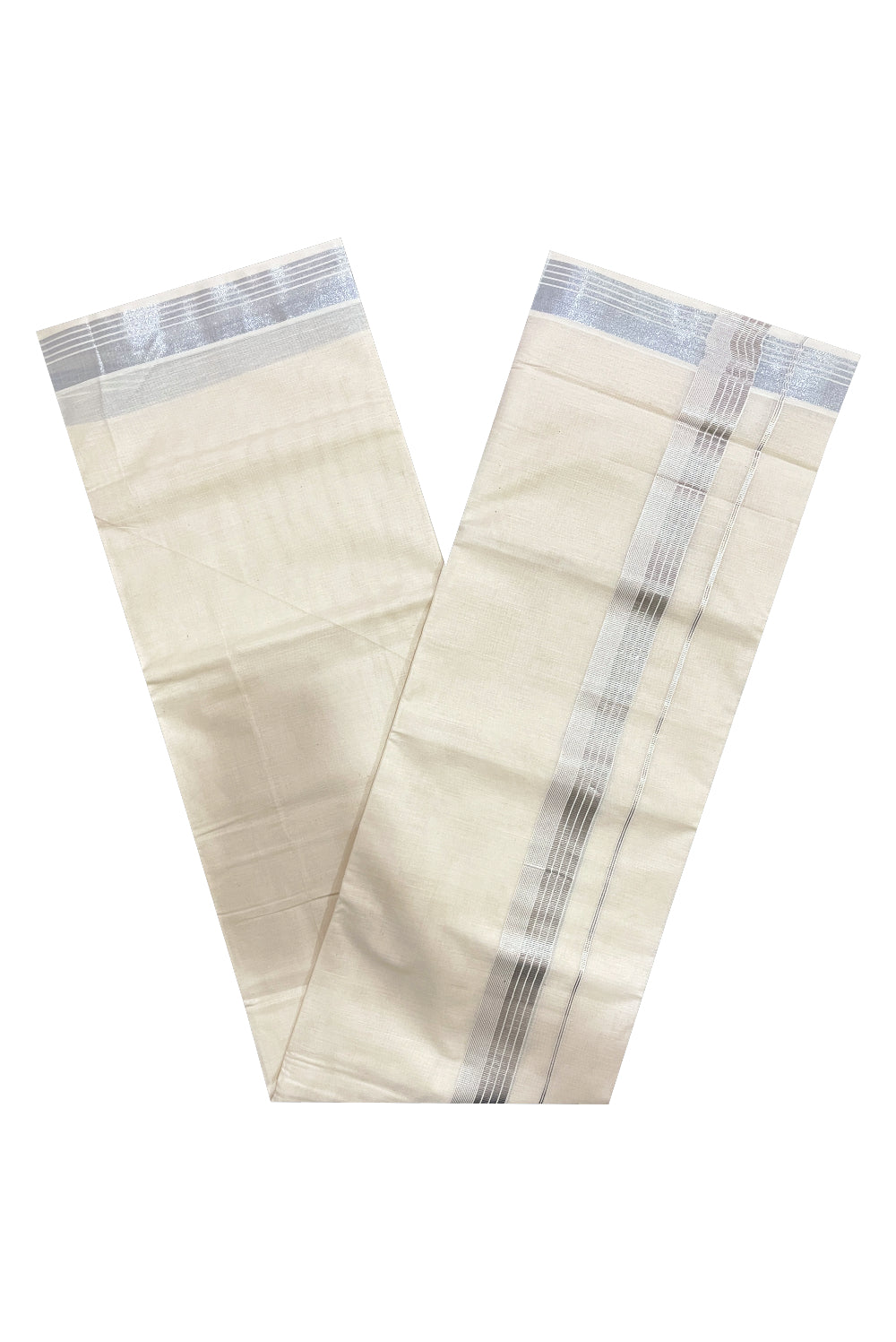 Pure Cotton Off White Mundu with Silver Kasavu Kara (South Indian Kerala Dhoti)