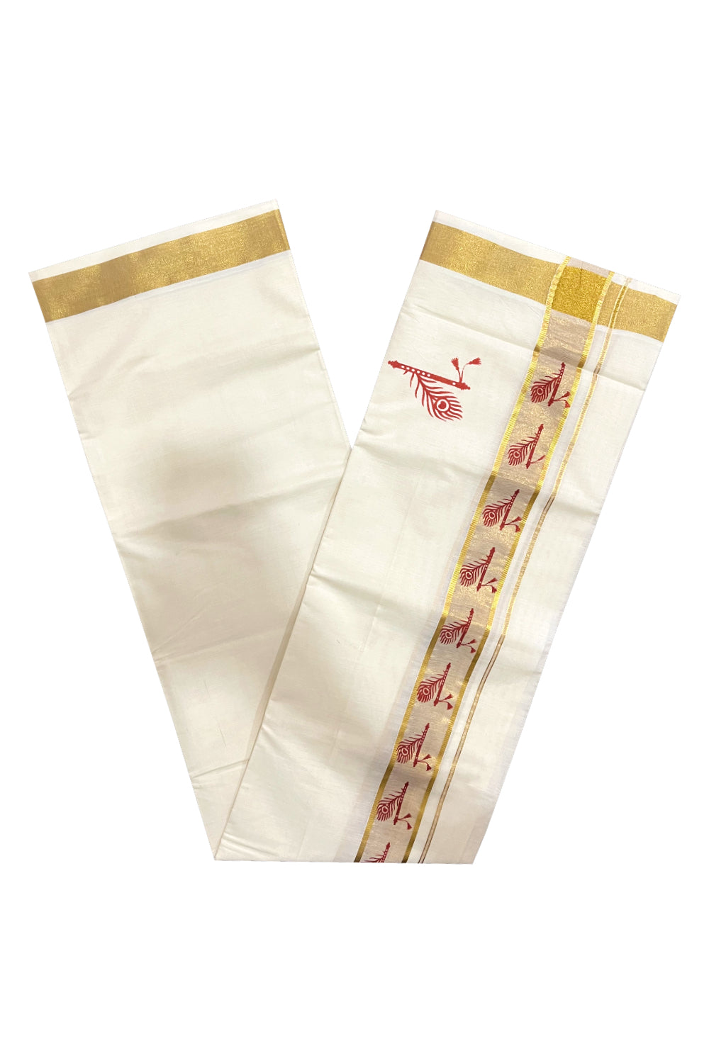 Pure Cotton Off White Double Mundu with Orange Block Prints on Kasavu Kara (South Indian Dhoti)