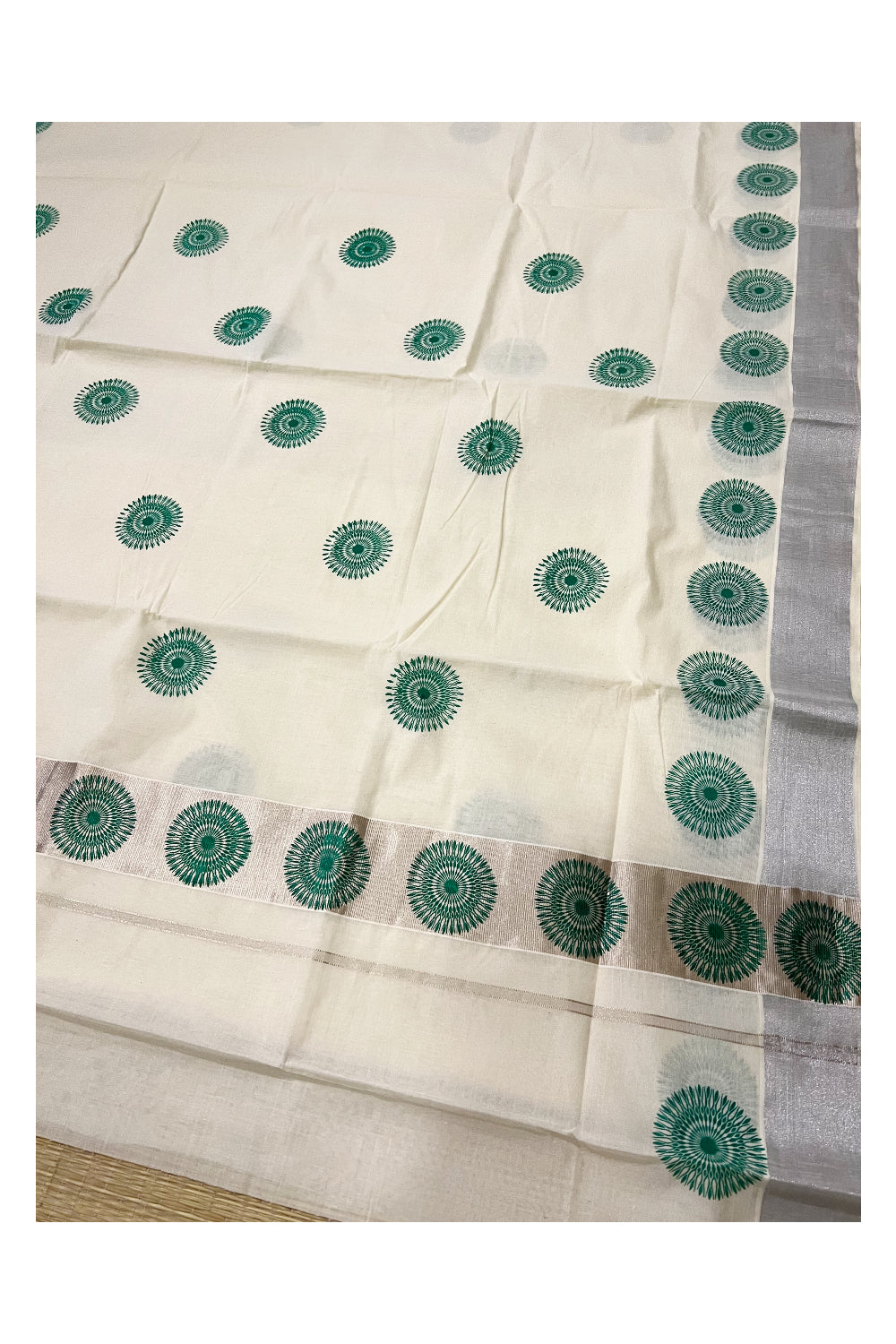 Pure Cotton Kerala Saree with Green Block Prints on Silver Border and Pallu