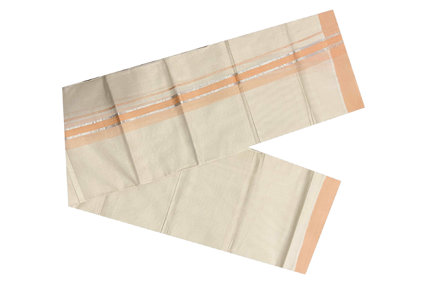 Off White Kerala Double Mundu with Silver Kasavu and Orange Border (South Indian Dhoti)