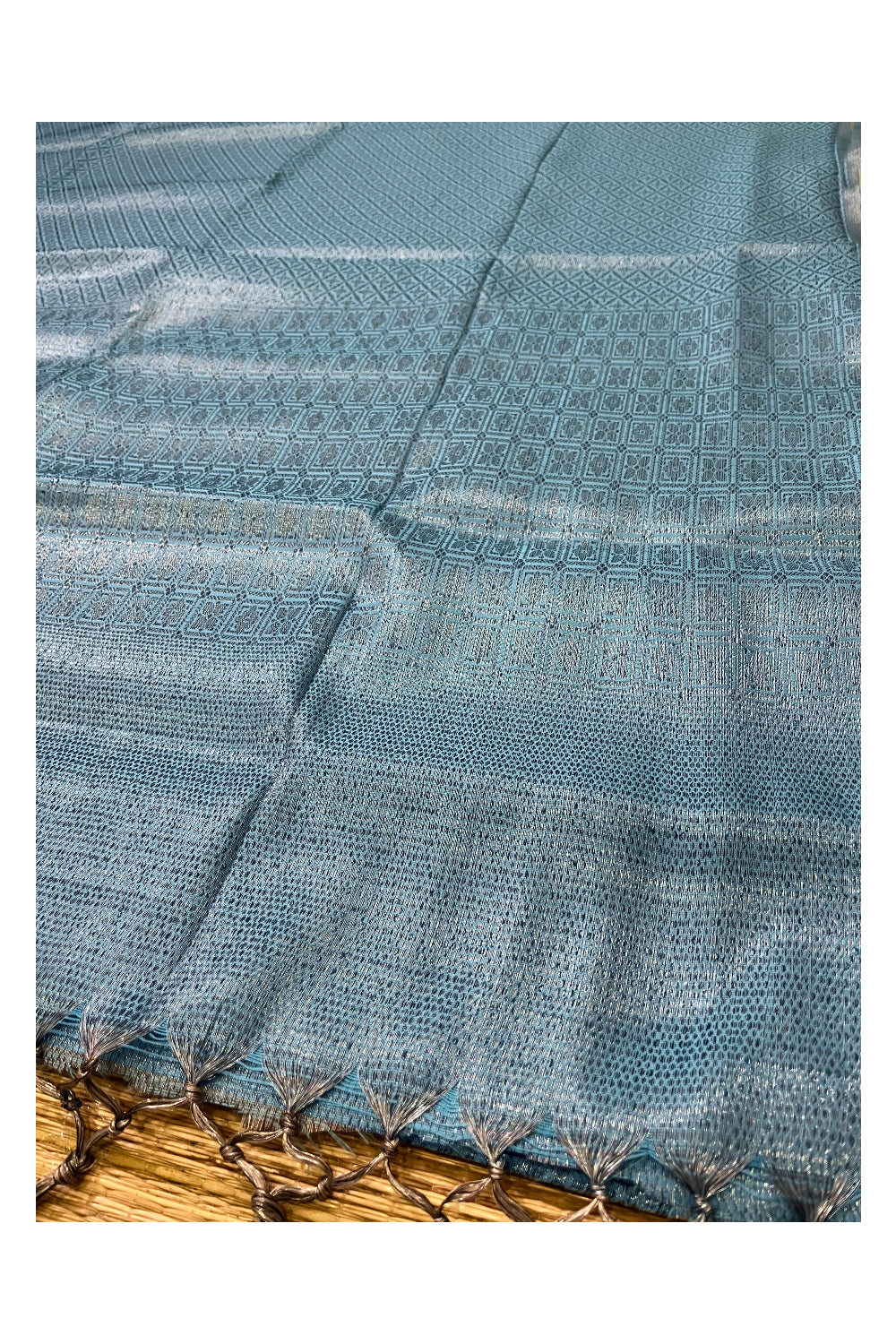 Southloom Semi Tussar Blue Saree with Grey Border and Tassels works on Pallu