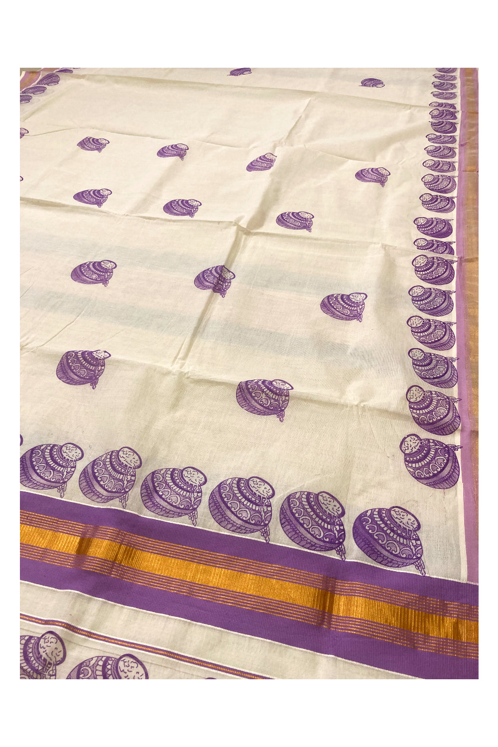 Pure Cotton Kerala Saree with Violet Pot Block Printed Design and Kasavu Border